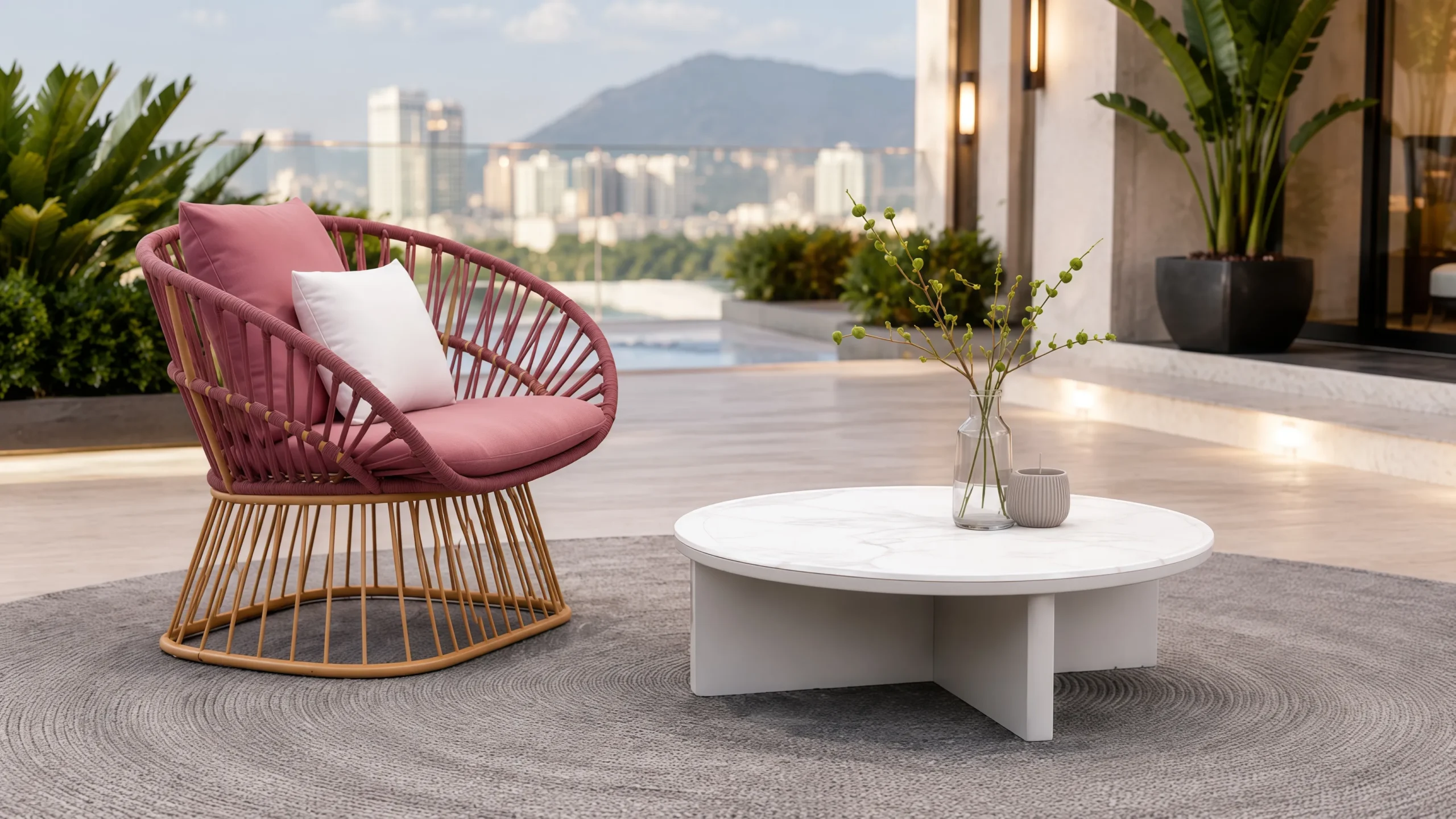 Pink Outdoor Rope Conversation Set with Sofa, Lounge Chairs and Coffee Table