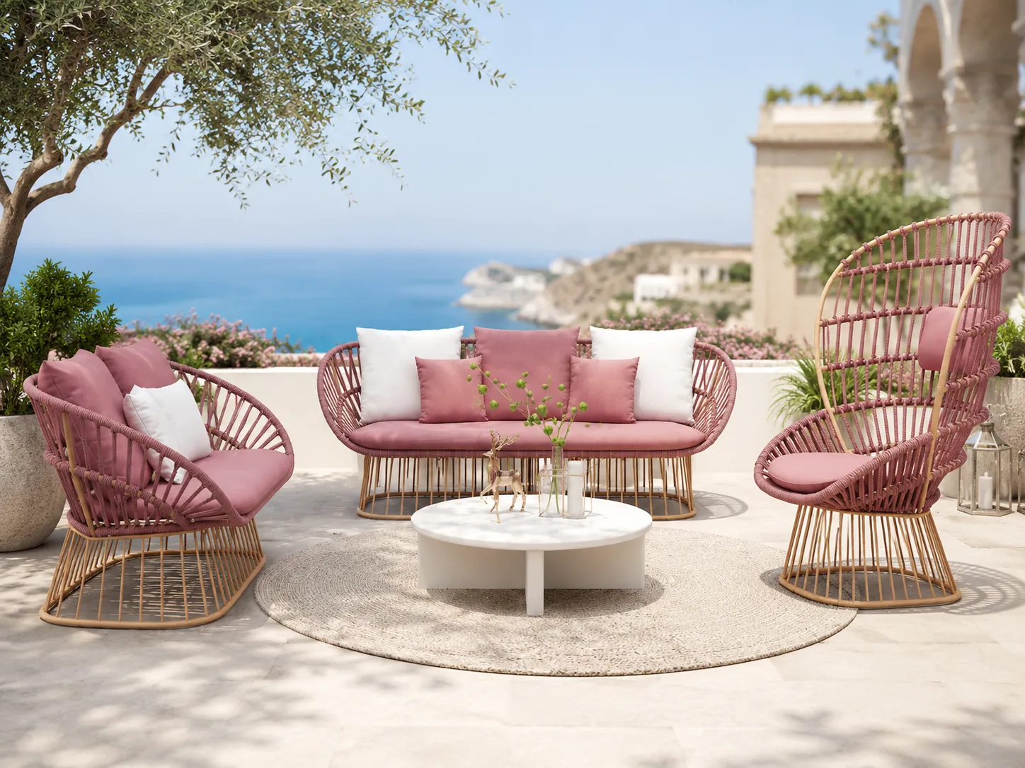 Rope woven patio sofa set with pink cushions for outdoor lounge spaces