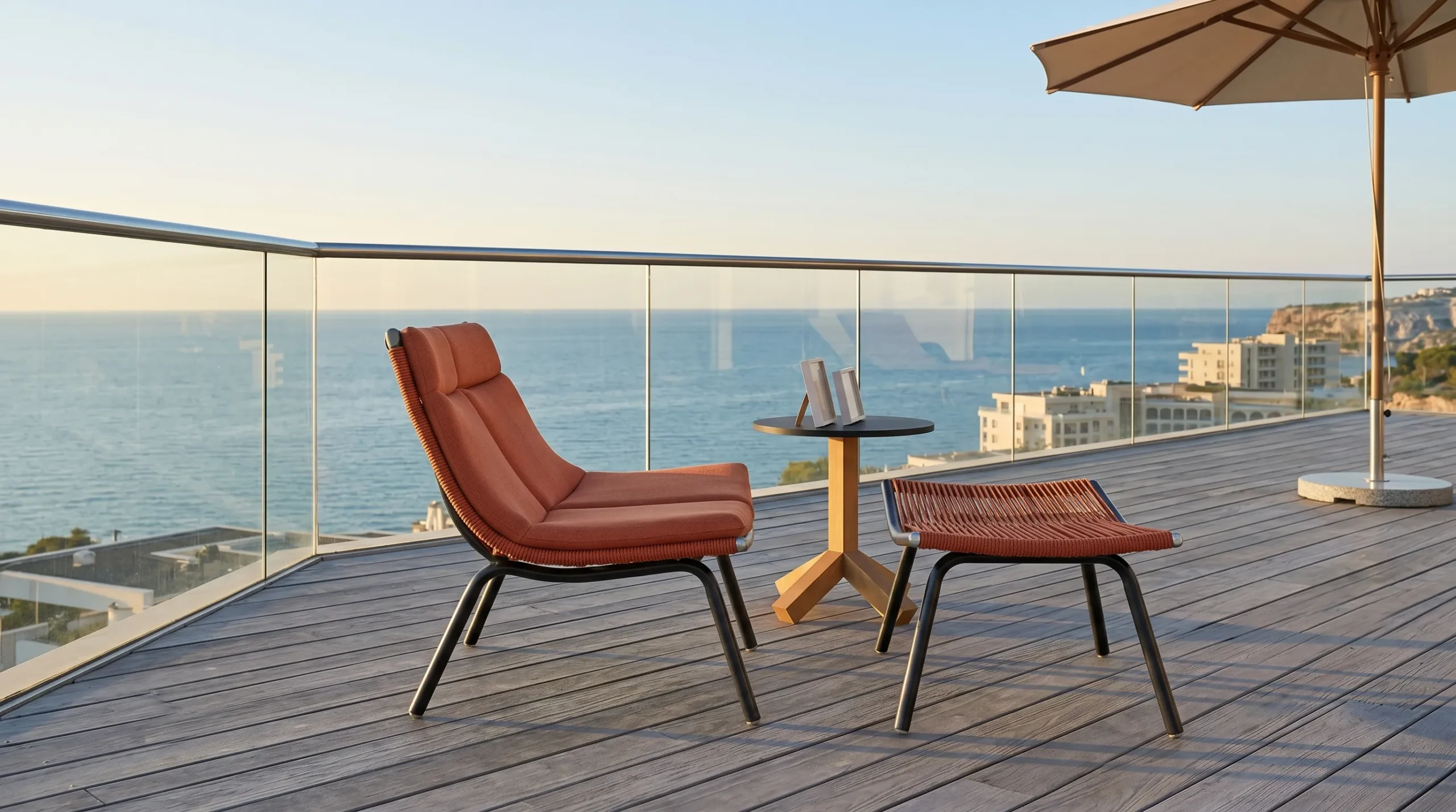 Outdoor Rope Lounge Chair with Ottoman & Side Table for Hotel Terrace Poolside Patio