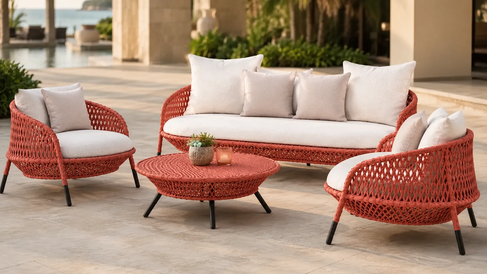 Round coffee table detail of coral wicker outdoor conversation set