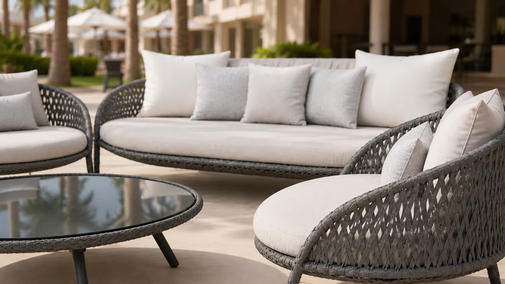 Round coffee table detail of grey wicker outdoor conversation set