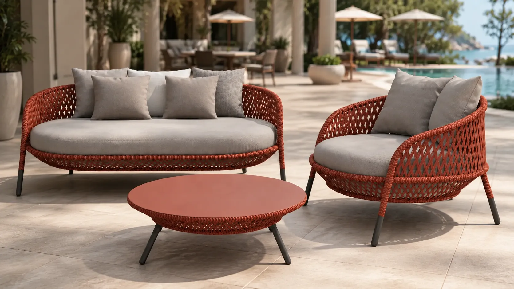 Round coffee table detail of orange wicker outdoor conversation set