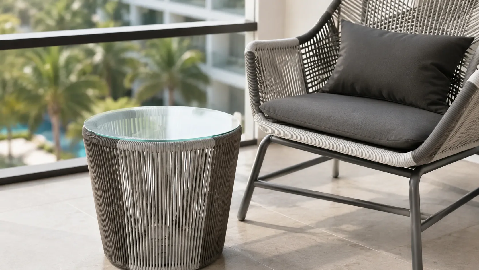 Round glass side table detail of rope lounge chair bistro set