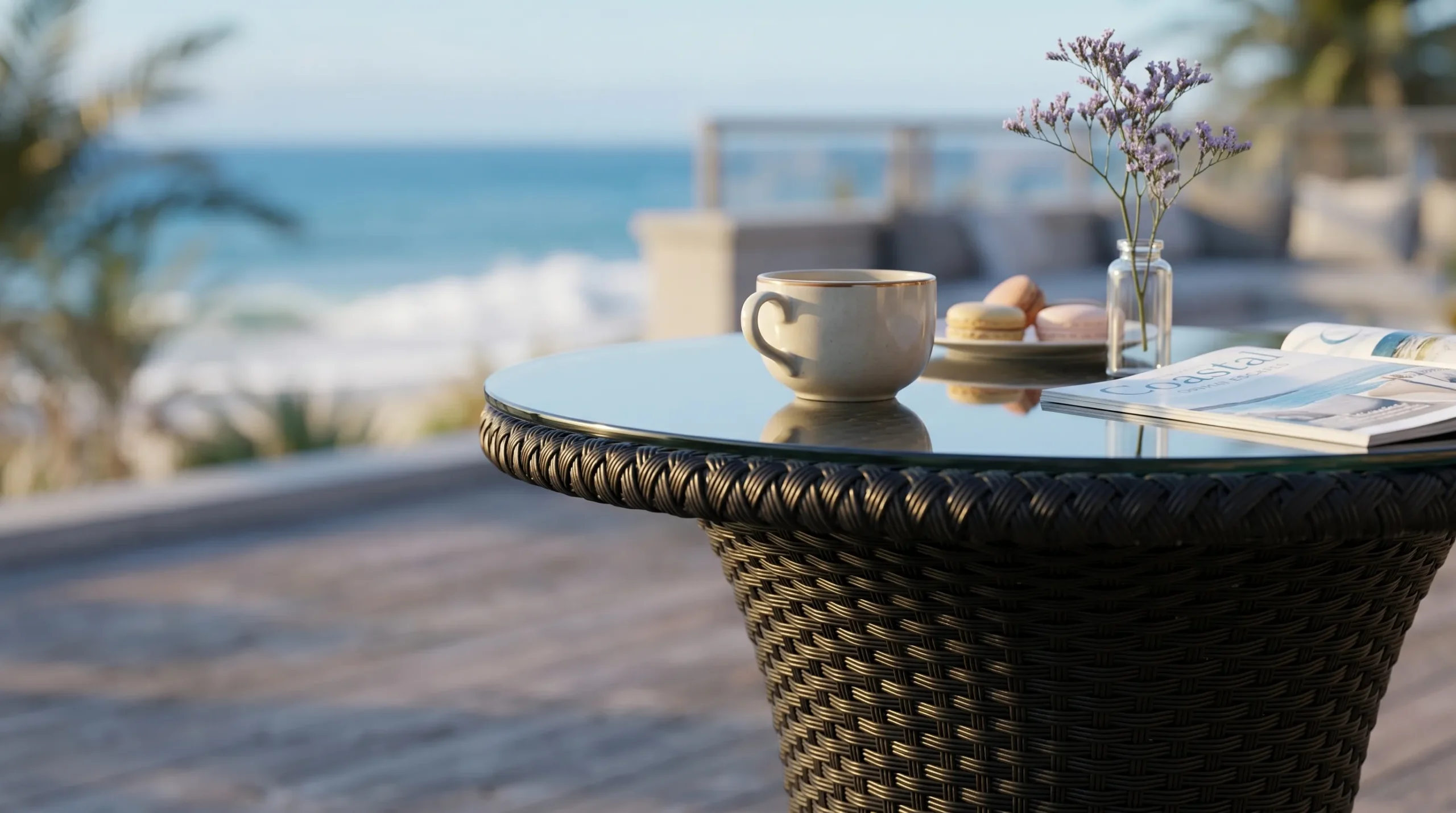 Black PE Rattan Bistro Set with 2 Barrel Chairs & Round Glass Table for Patio Balcony Café