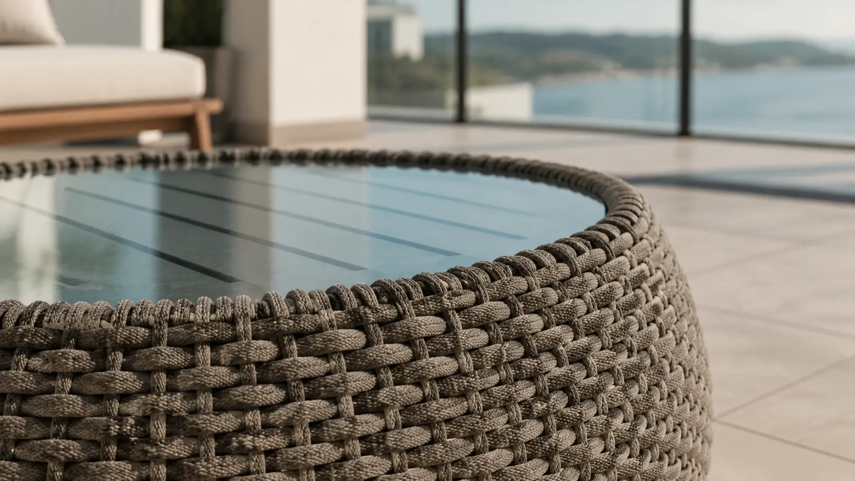 Round glass tabletop detail of rope outdoor coffee table