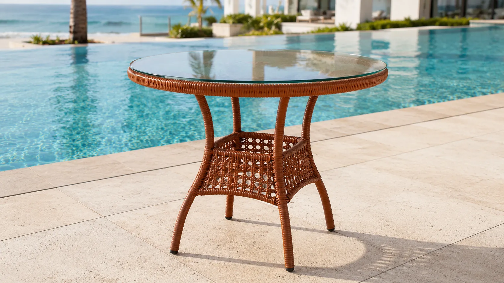 Honey Brown PE Rattan Outdoor Dining Set with 4 Armchairs & Round Glass Table for Patio Café Terrace