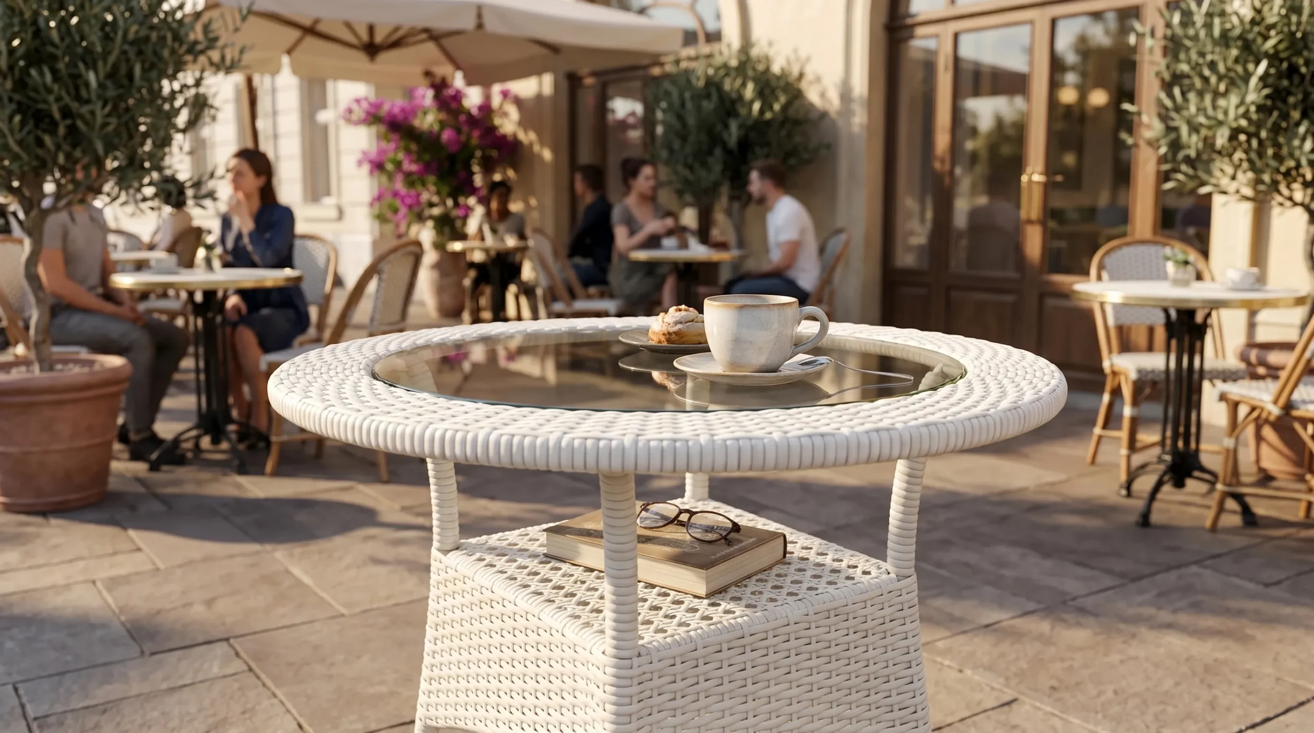 White PE Rattan Bistro Set with 2 Open-Weave Armchairs & Round Glass Table for Patio Balcony Café