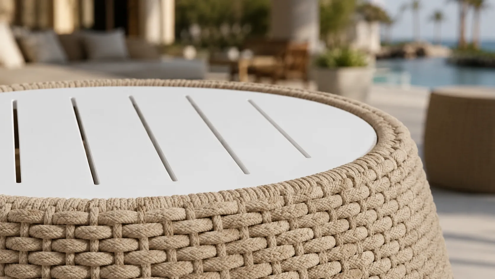 Round inset tabletop detail of beige rope outdoor coffee table