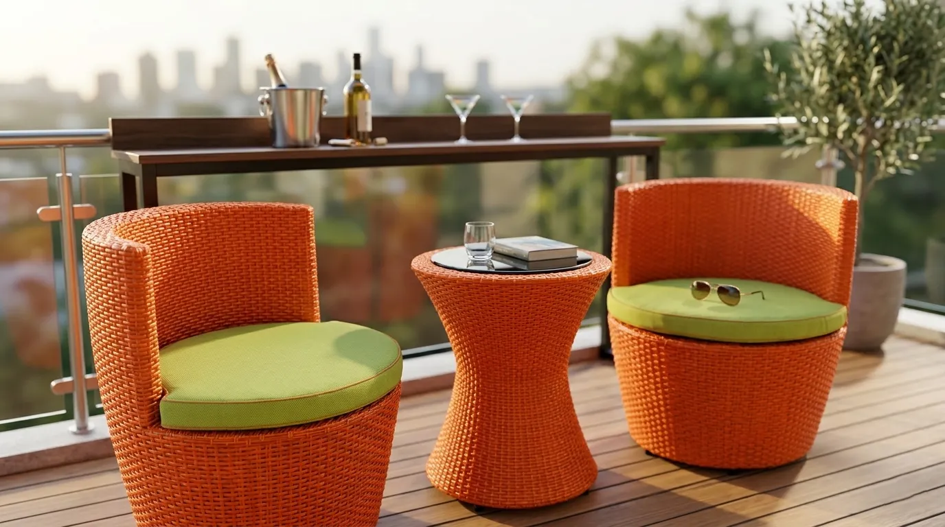 Round side table detail of orange wicker bistro set