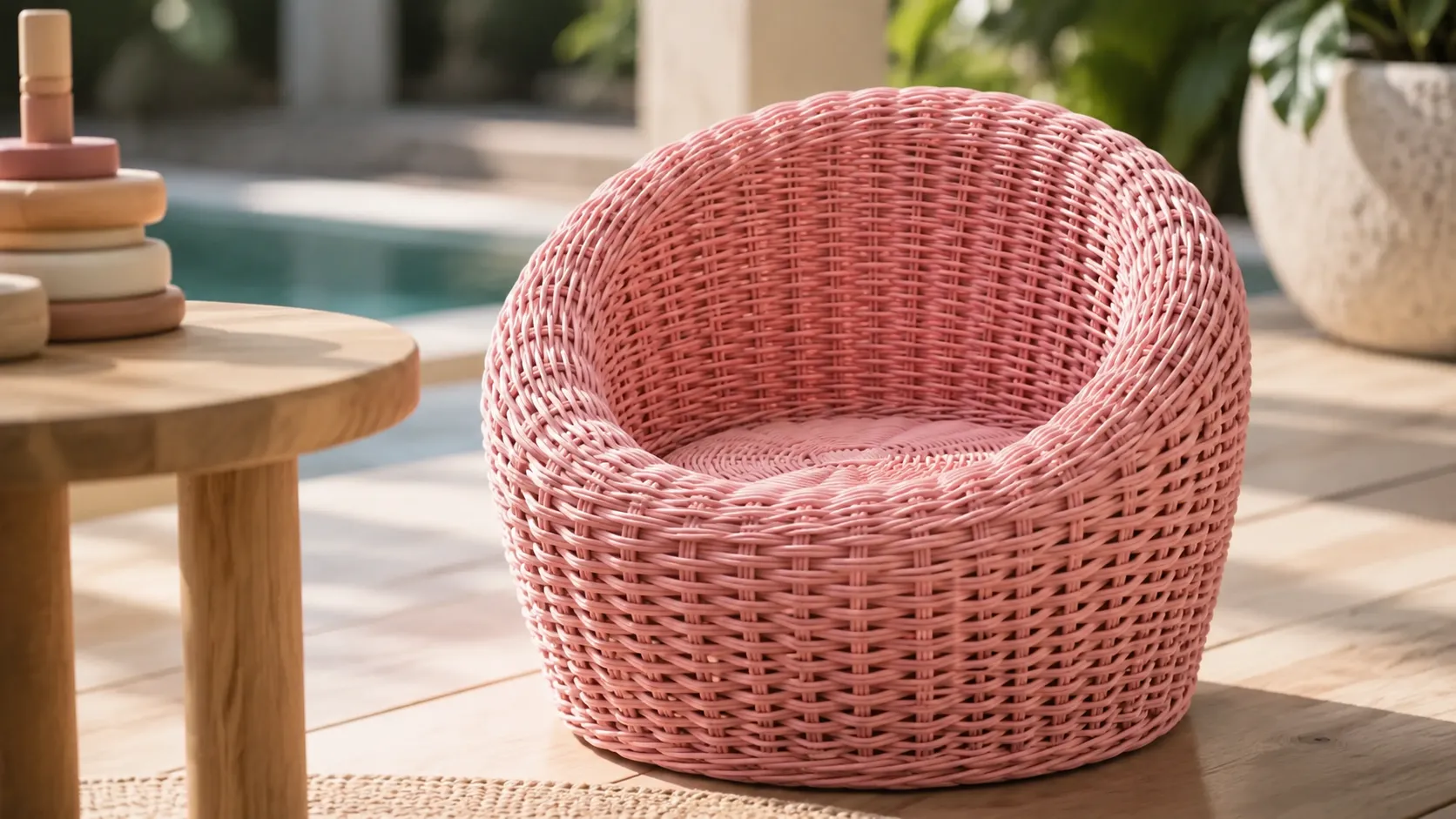 Round wicker backrest detail of kids lounge chair