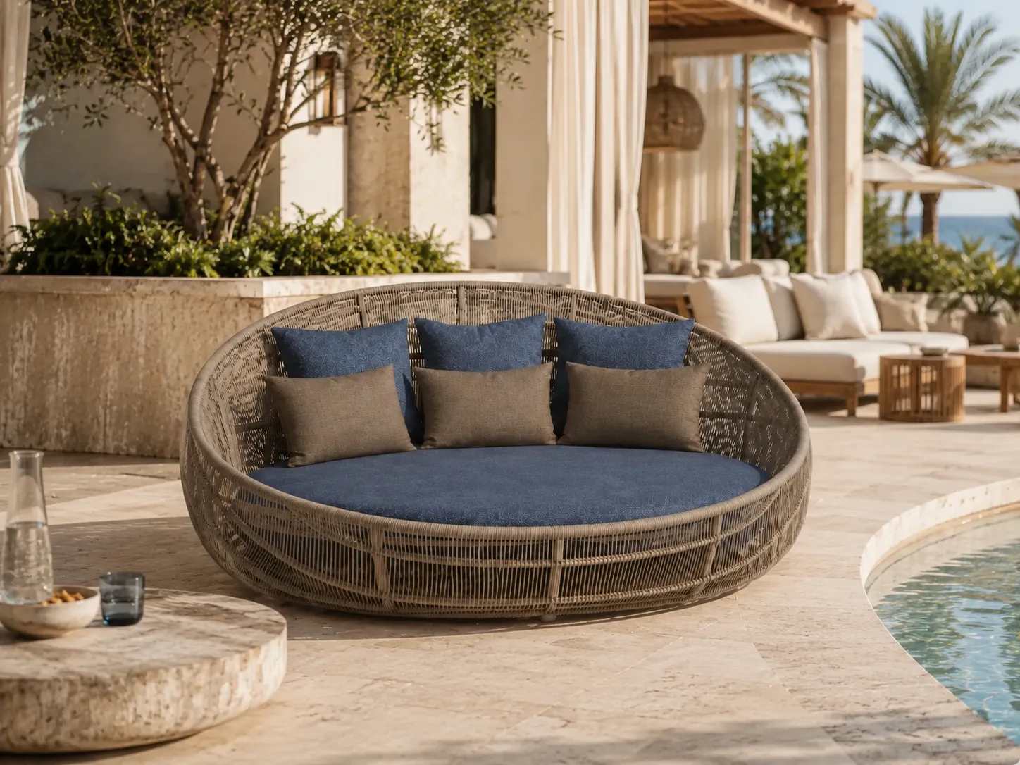 Back view of round wicker daybed with handwoven outdoor rattan frame