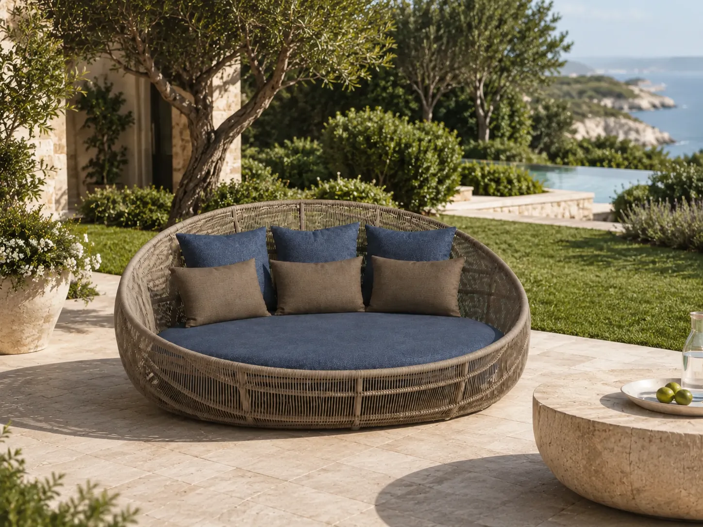 Side view of round wicker outdoor daybed for hospitality outdoor furniture projects