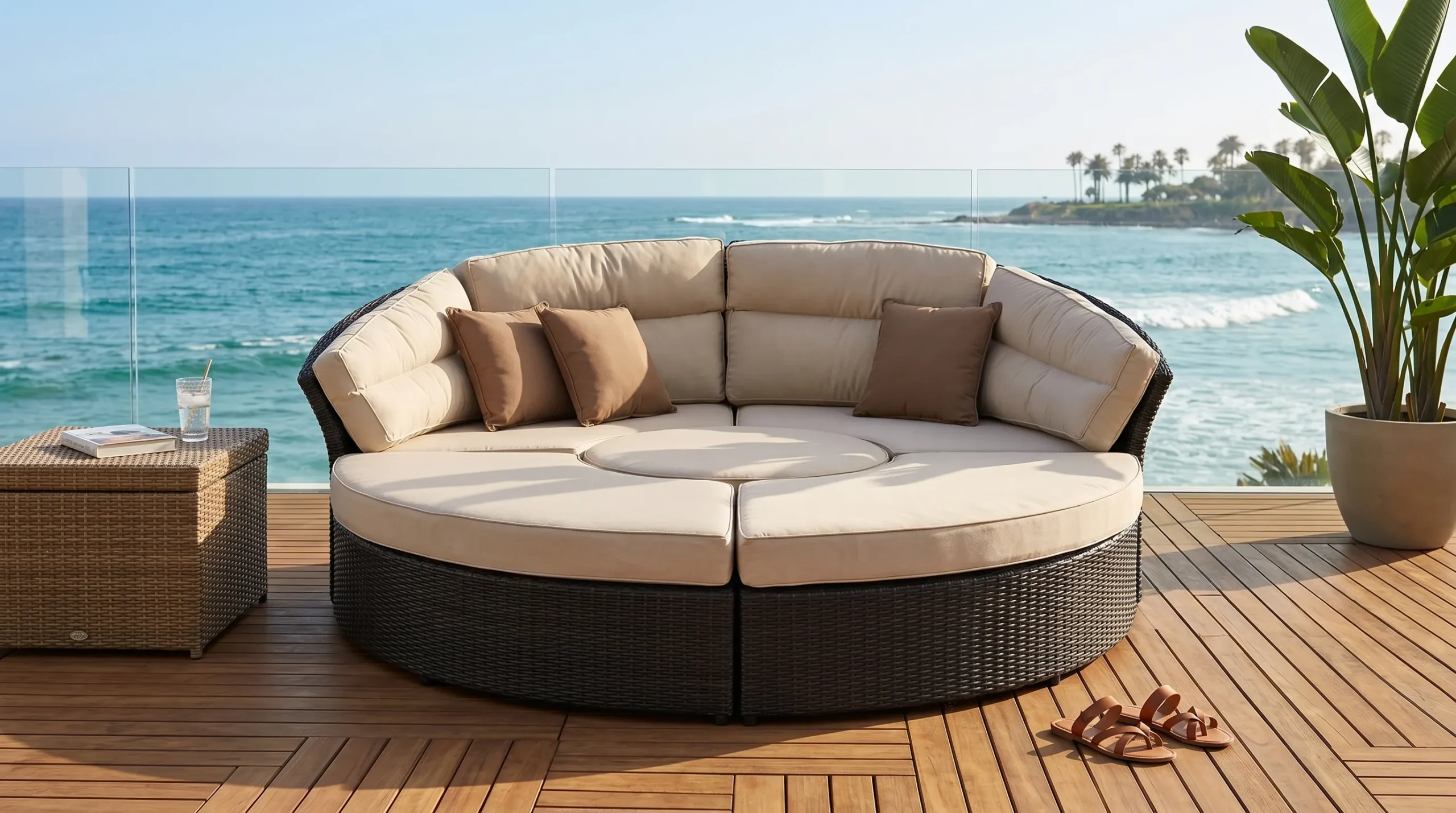 Large Round Wicker Outdoor Daybed with Beige Cushions