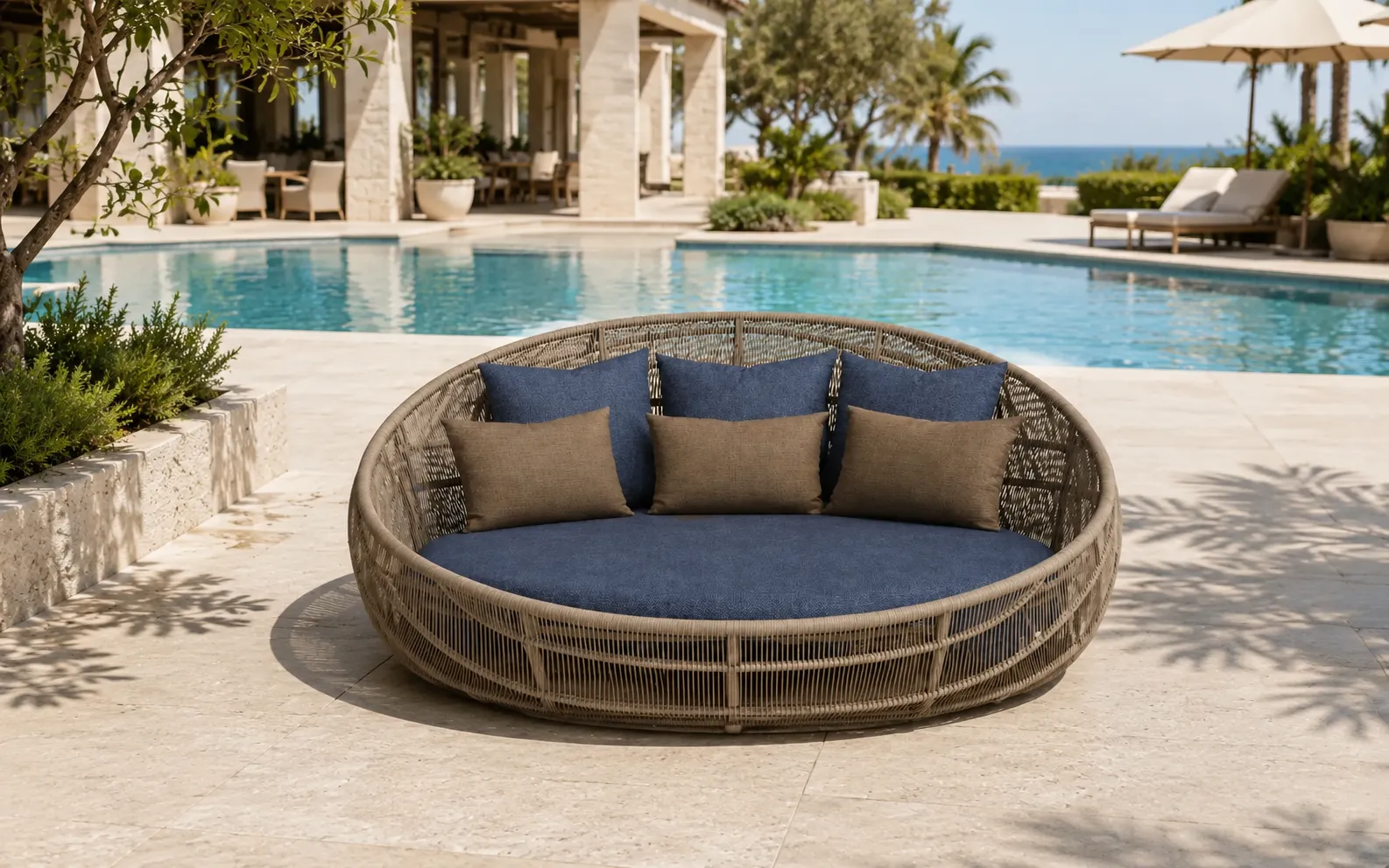 XIMU Furniture round wicker outdoor daybed with blue cushions for hotel poolside projects