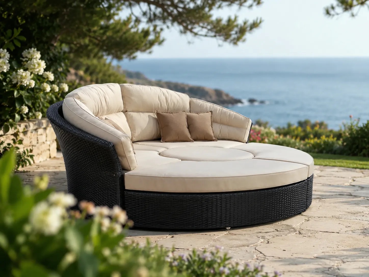 Side view of large round wicker outdoor daybed with beige cushions