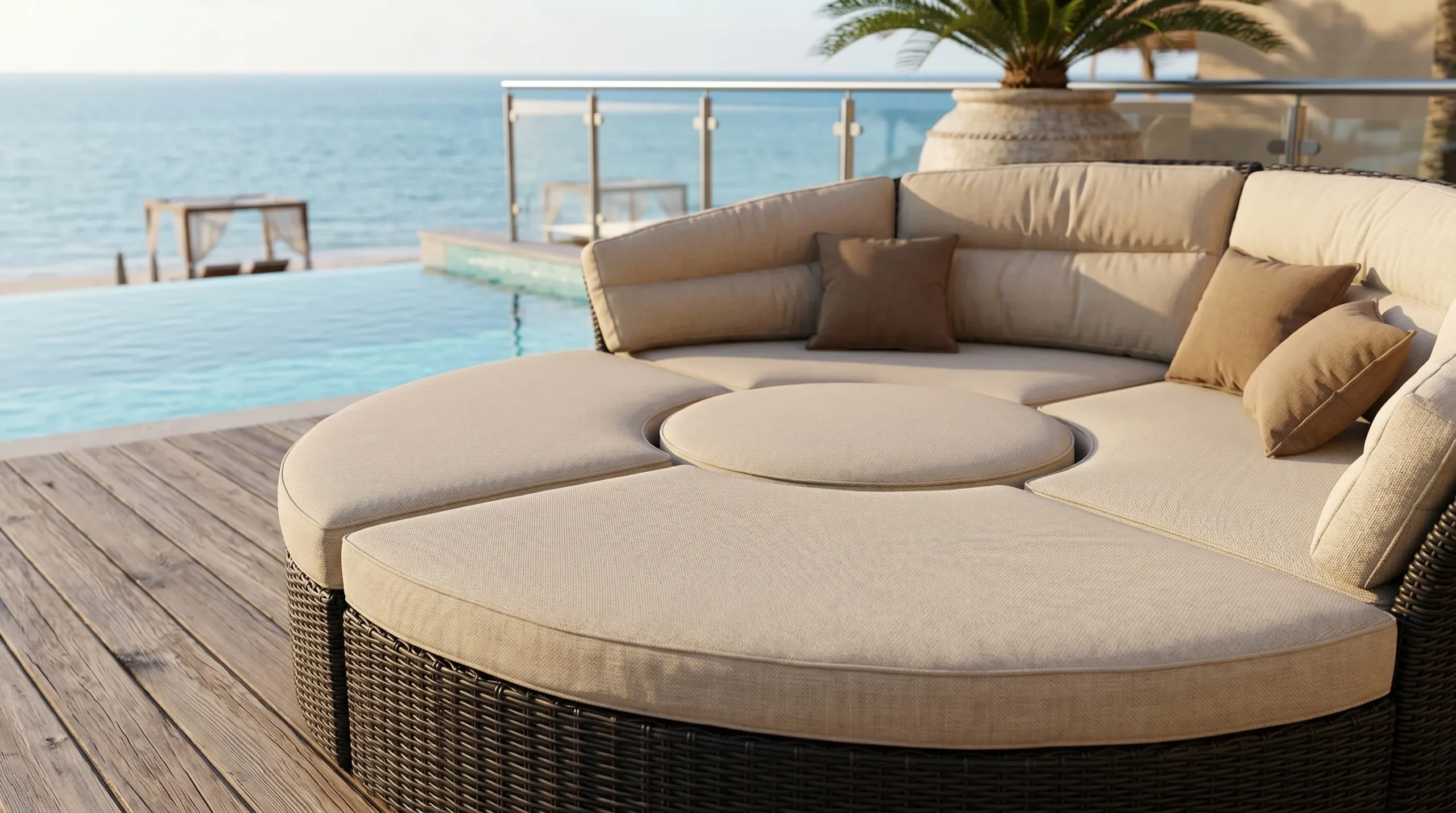 Large Round Wicker Outdoor Daybed with Beige Cushions