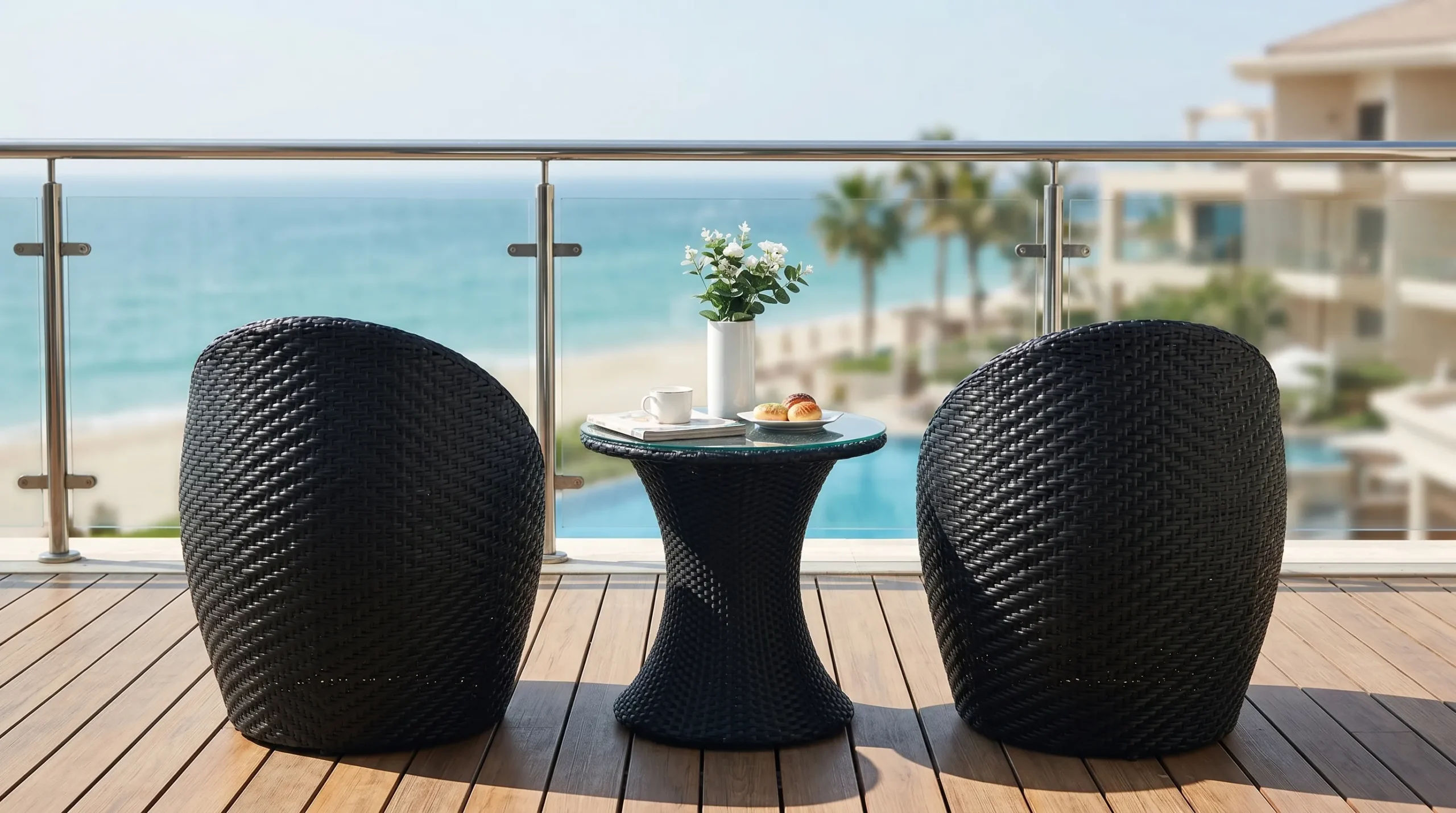 Black PE Rattan Bistro Set with 2 Barrel Chairs & Round Glass Table for Patio Balcony Café