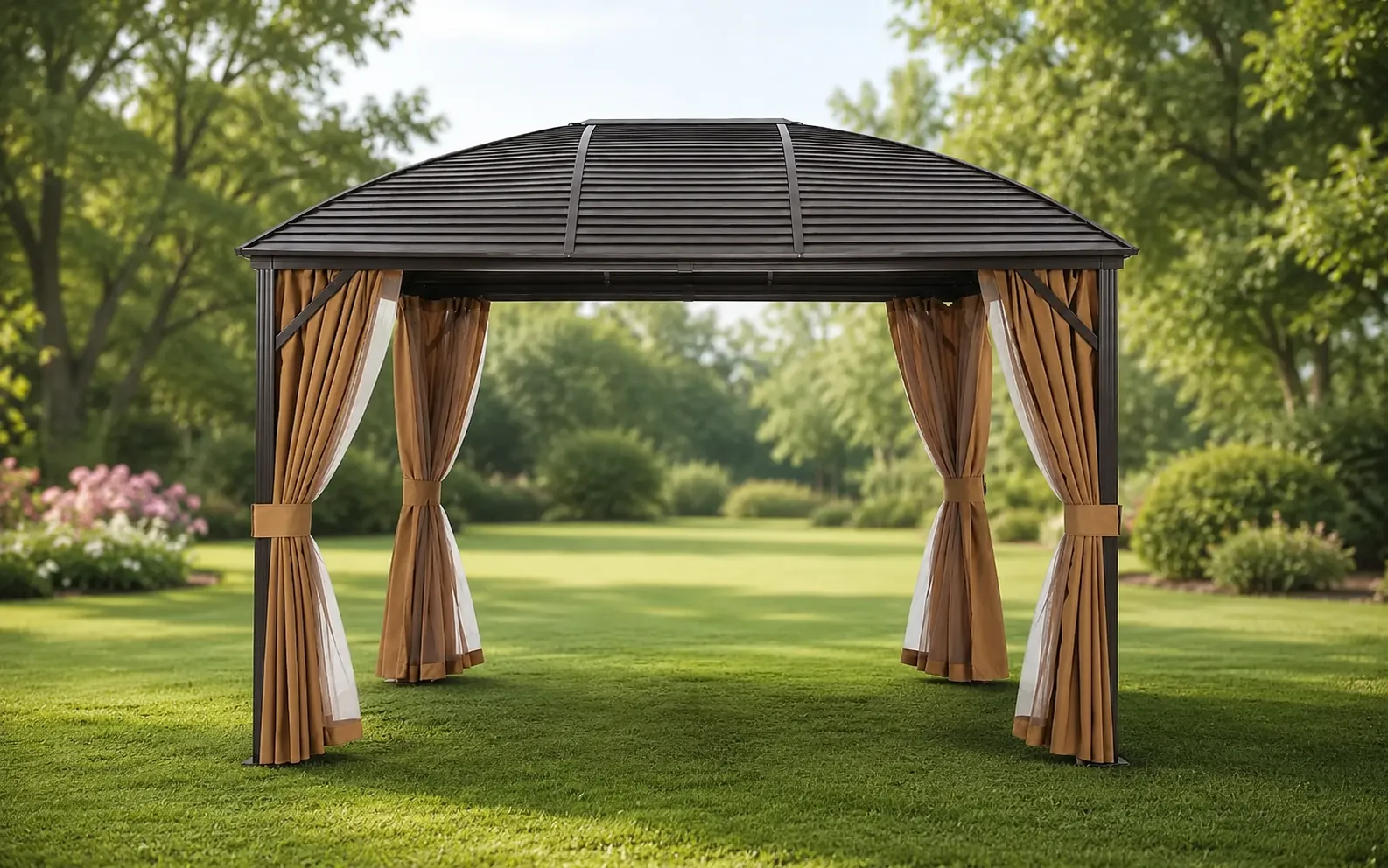 XIMU Furniture curved roof galvanized steel gazebo with curtains