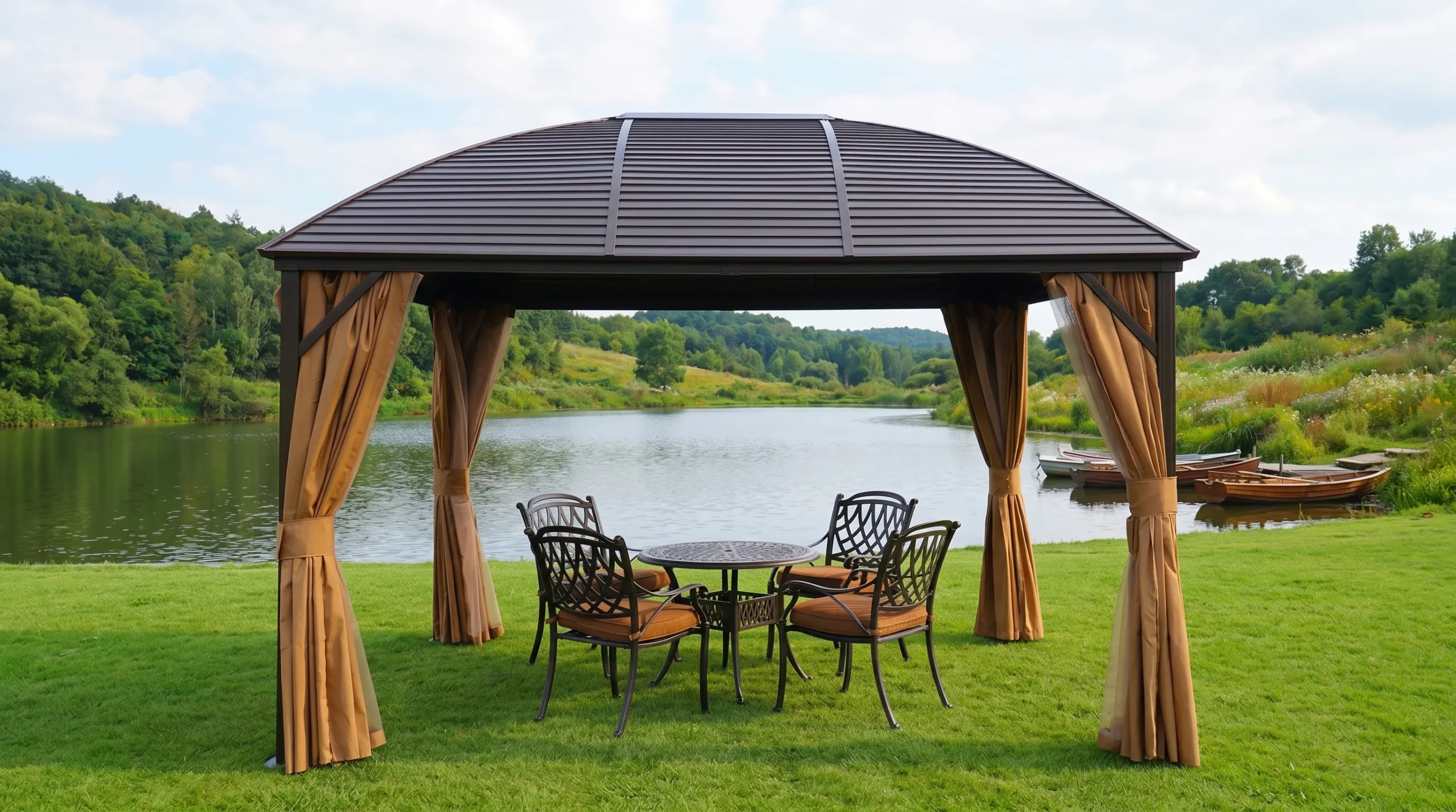 Curved Roof Galvanized Steel Gazebo with Curtains for Patio & Resort Shade