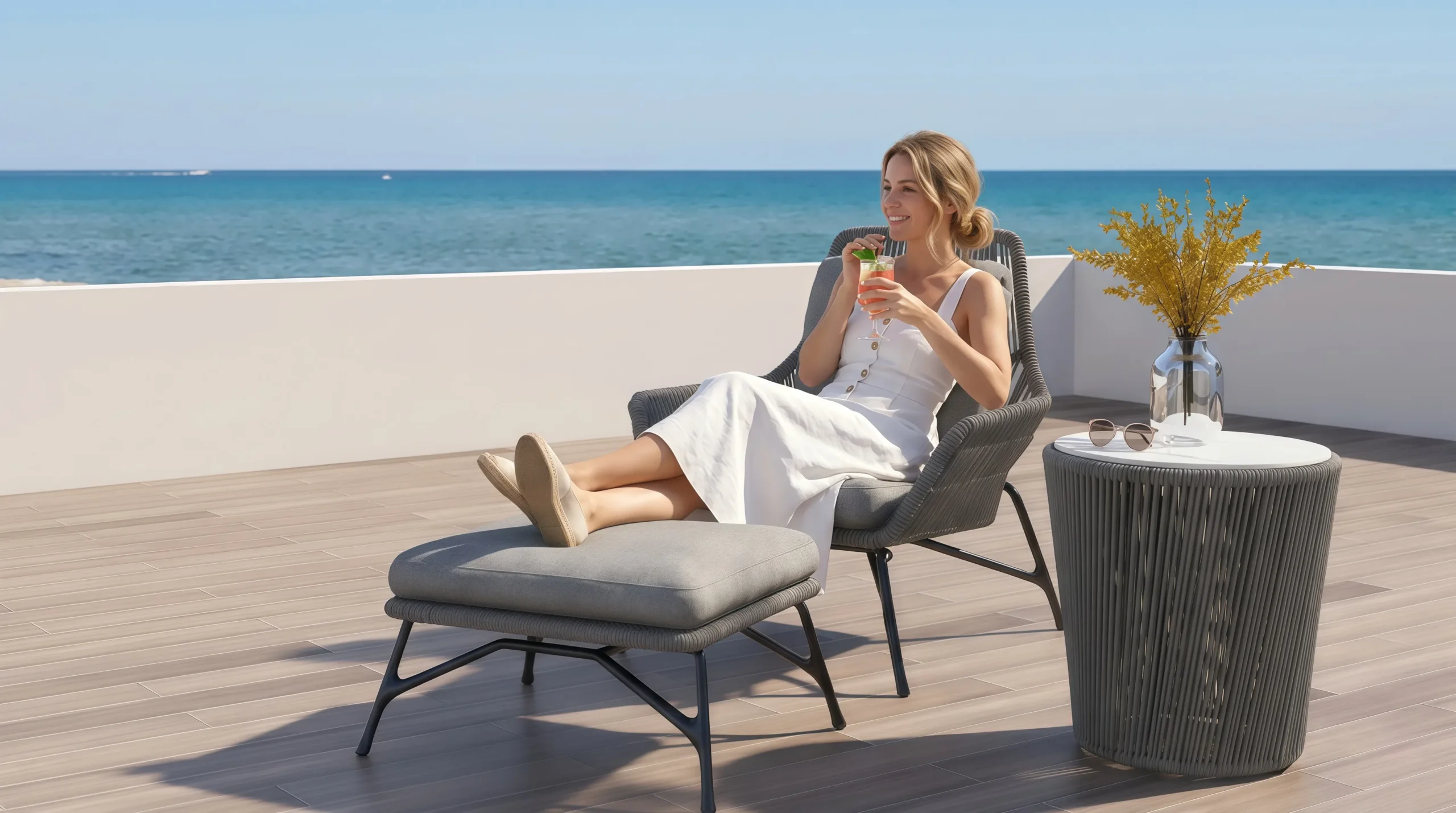 Outdoor Rope Lounge Chair and Ottoman Set with Side Table for Poolside Patio Hotel Terrace