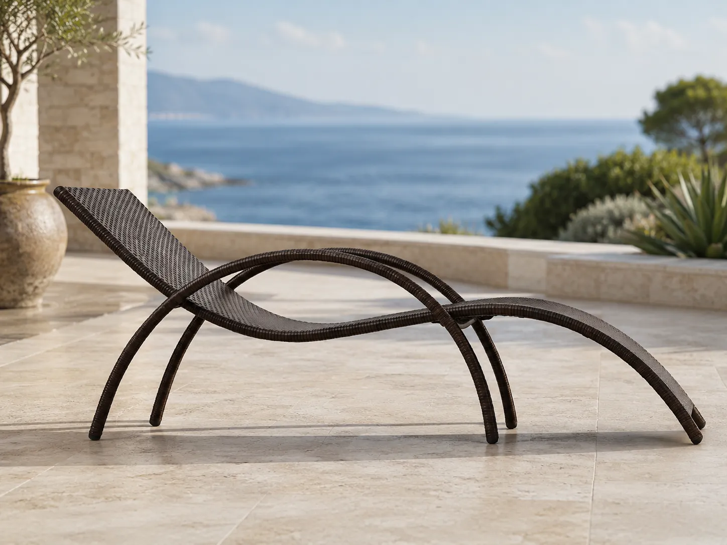 PE rattan sun lounger with stainless steel frame on a sea-view terrace
