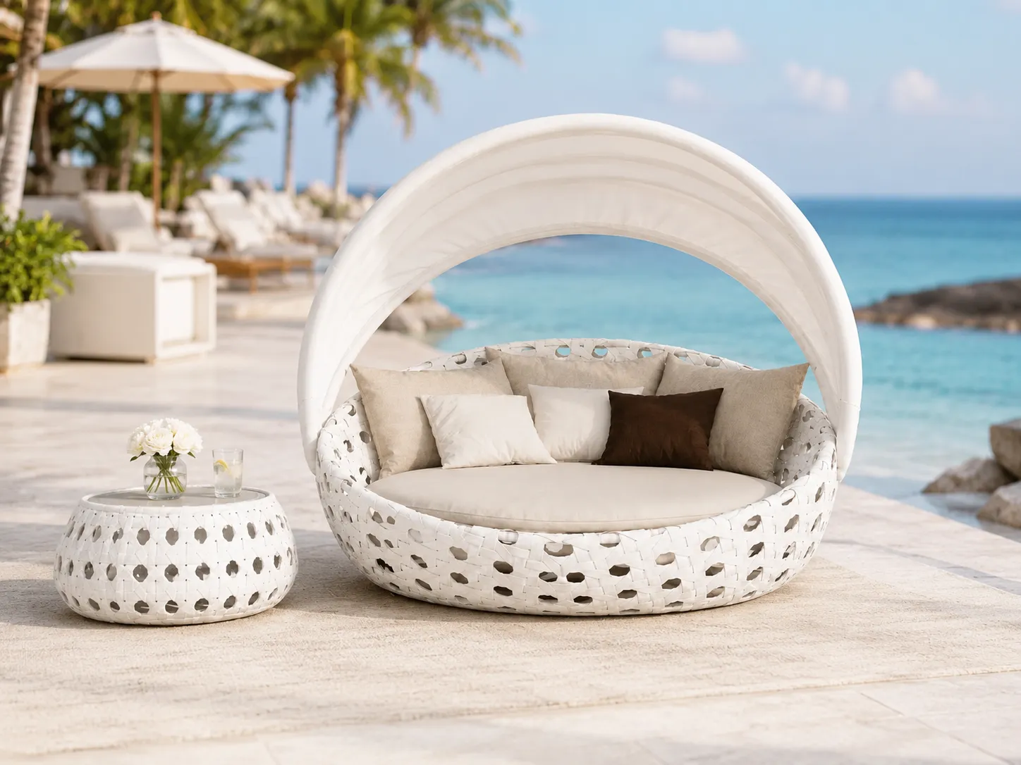 Adjustable canopy rattan daybed in seaside outdoor lounge setting