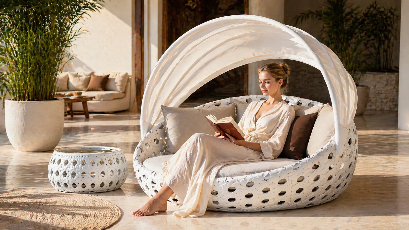 Adjustable Canopy PE Rattan Outdoor Daybed Sofa for Patio, Poolside & Resort Lounge