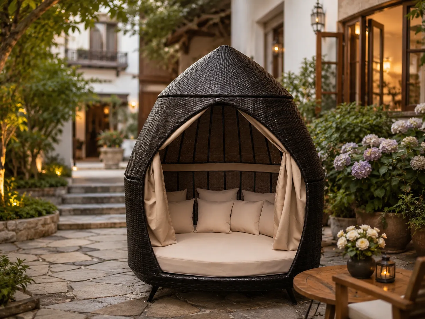 PE rattan lounge pod for seaside villa terrace and poolside spaces