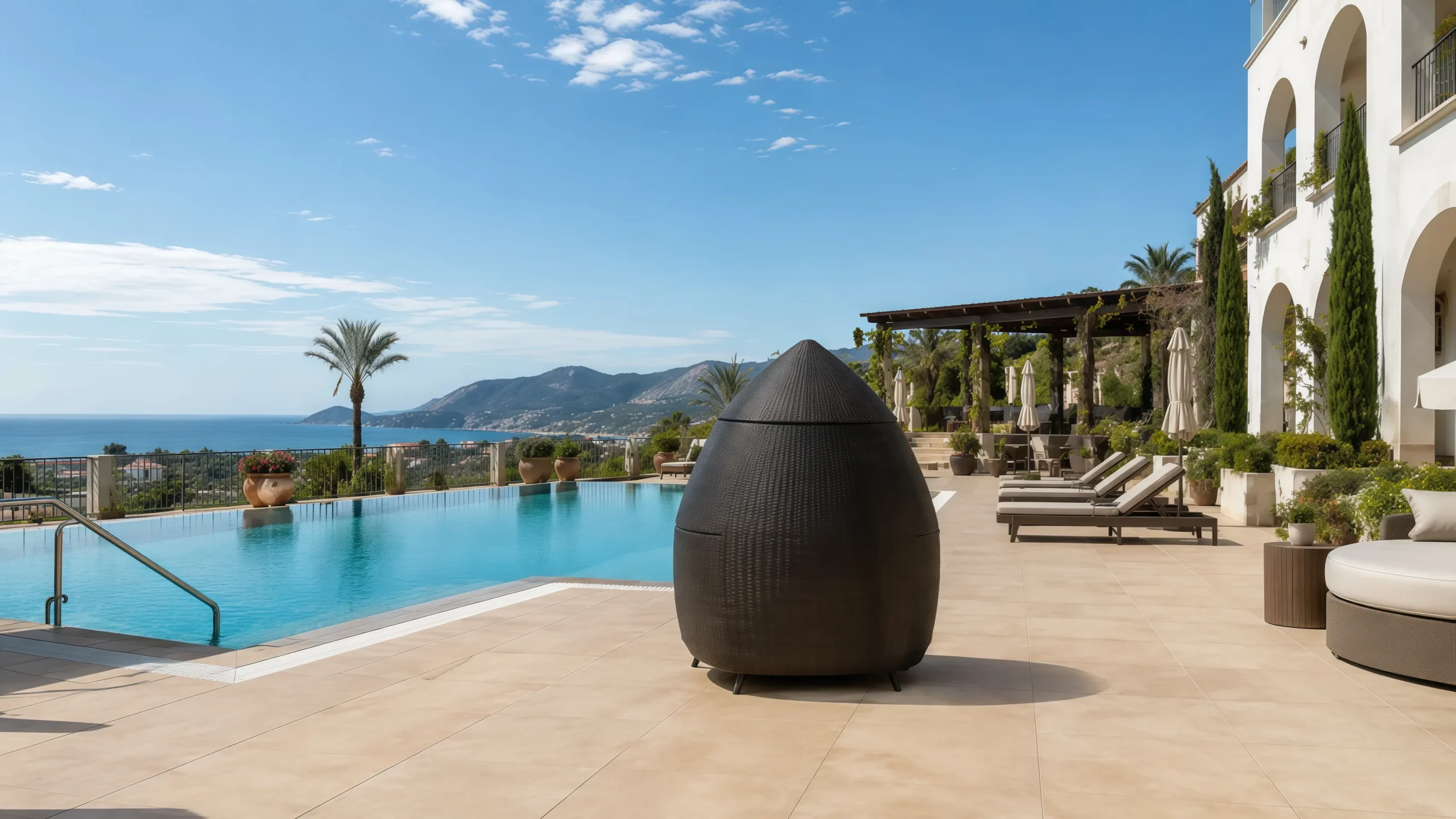 PE Rattan Outdoor Cabana Daybed with Curtains for Resort Poolside Lounge