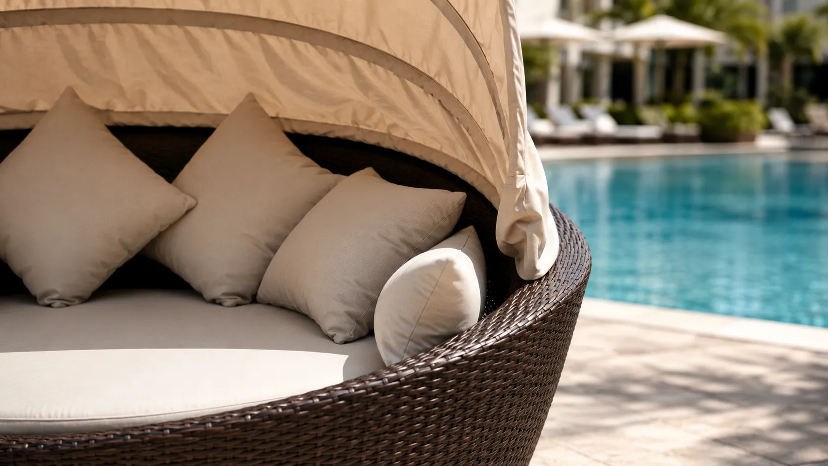 Shade canopy detail of wicker outdoor daybed