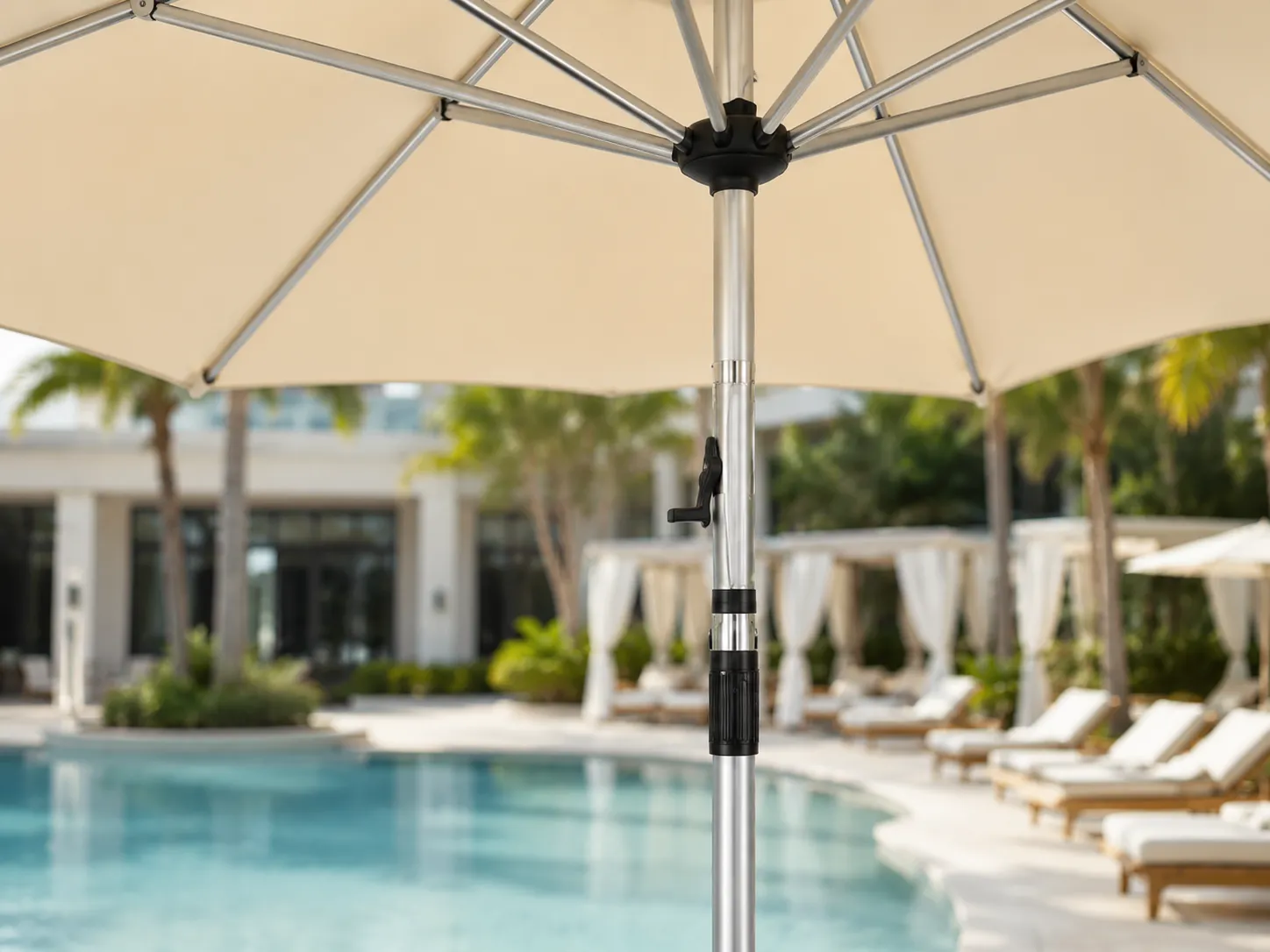 Side pole frame detail of cantilever patio umbrella