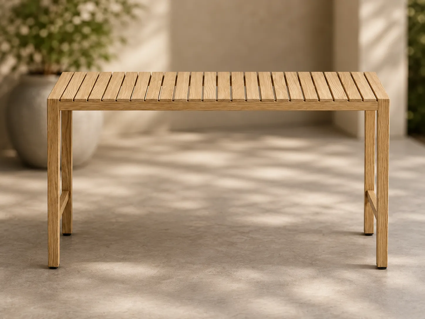 Slatted teak tabletop detail for outdoor dining table