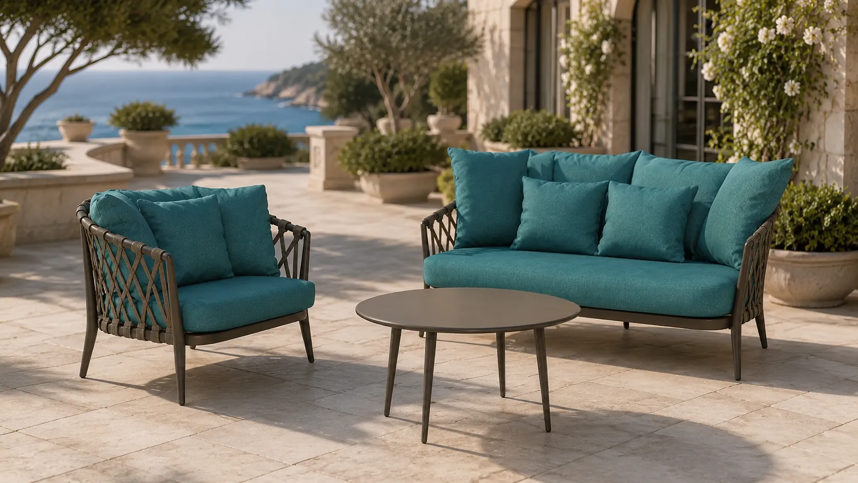Outdoor rope conversation set layout with sofa lounge chair and coffee table