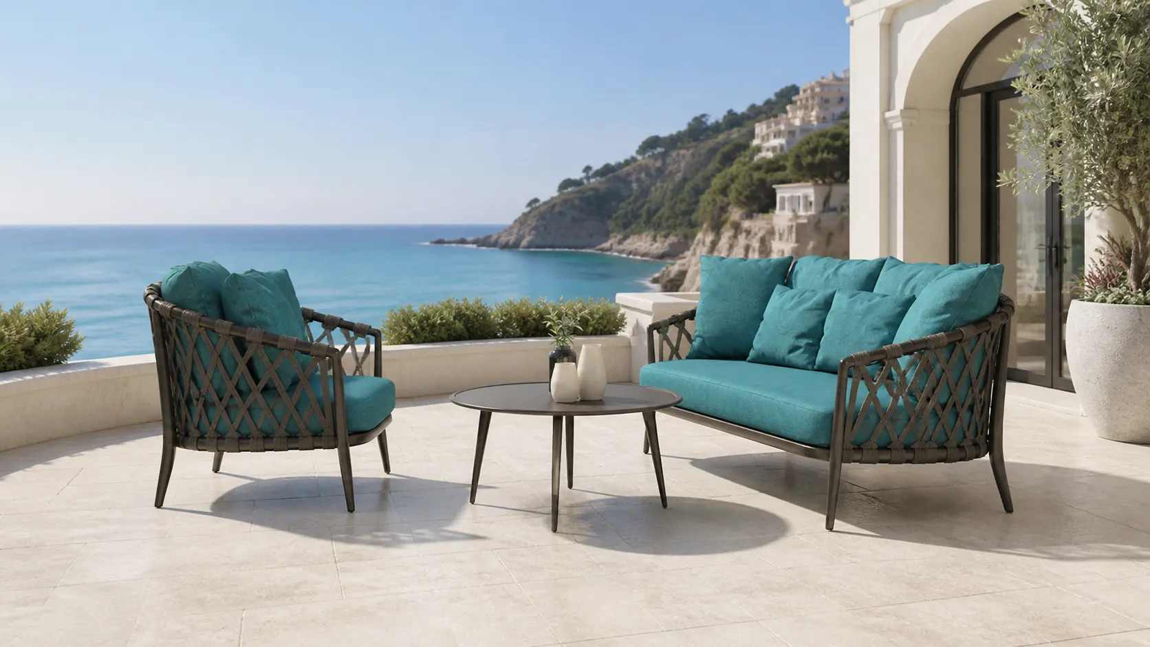 Outdoor Rope Conversation Set with Teal Cushions, Sofa, Lounge Chair & Round Coffee Table for Patio Hotel