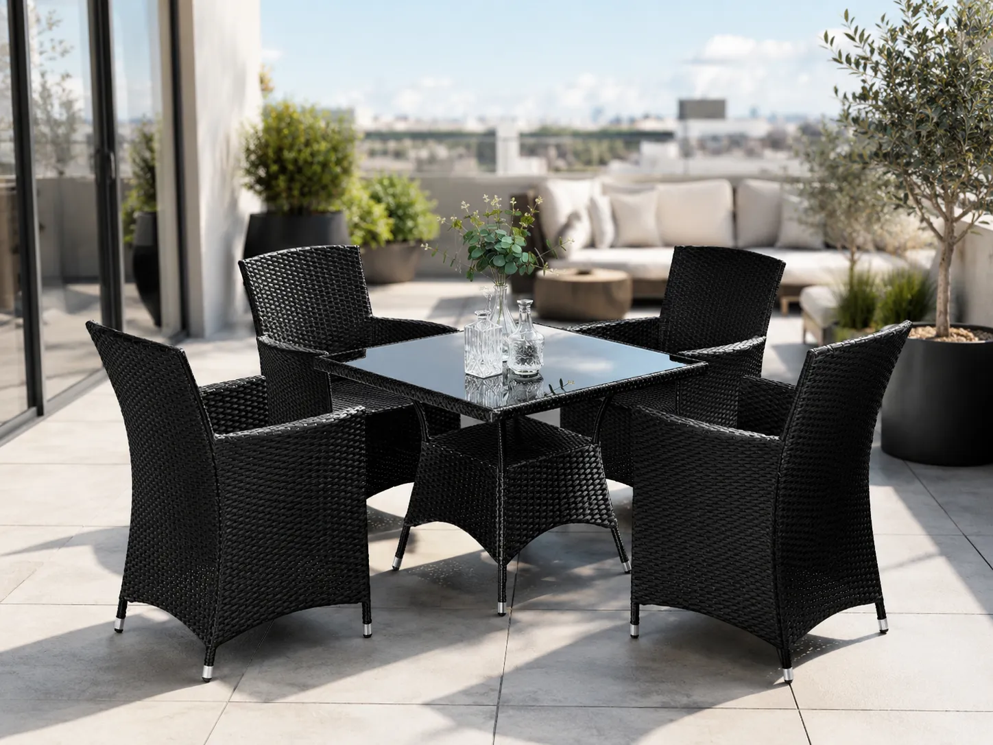 Square glass table with black PE rattan outdoor dining chairs
