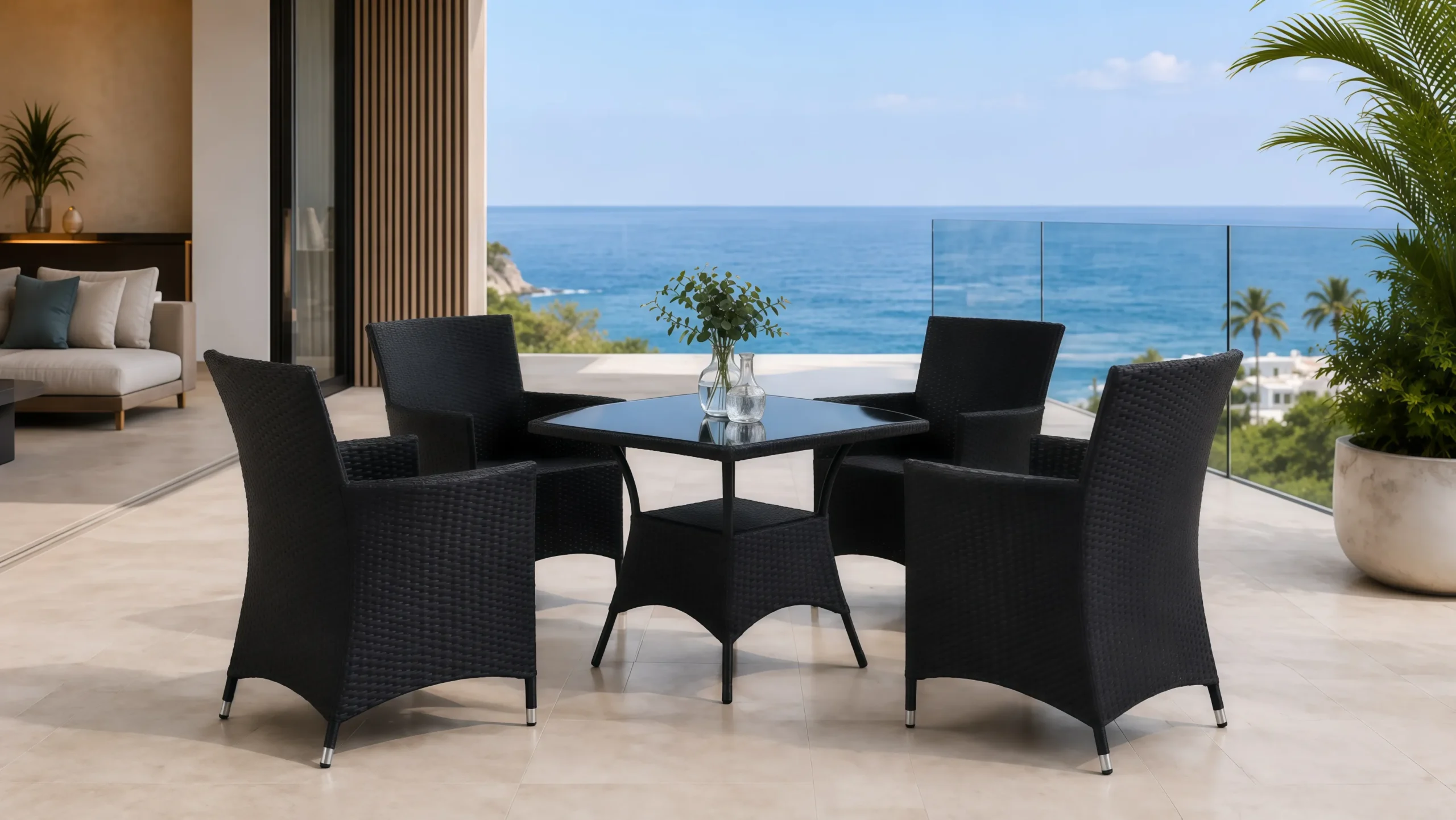 Black PE Rattan Patio Dining Set with 4 Armchairs and Square Glass Table