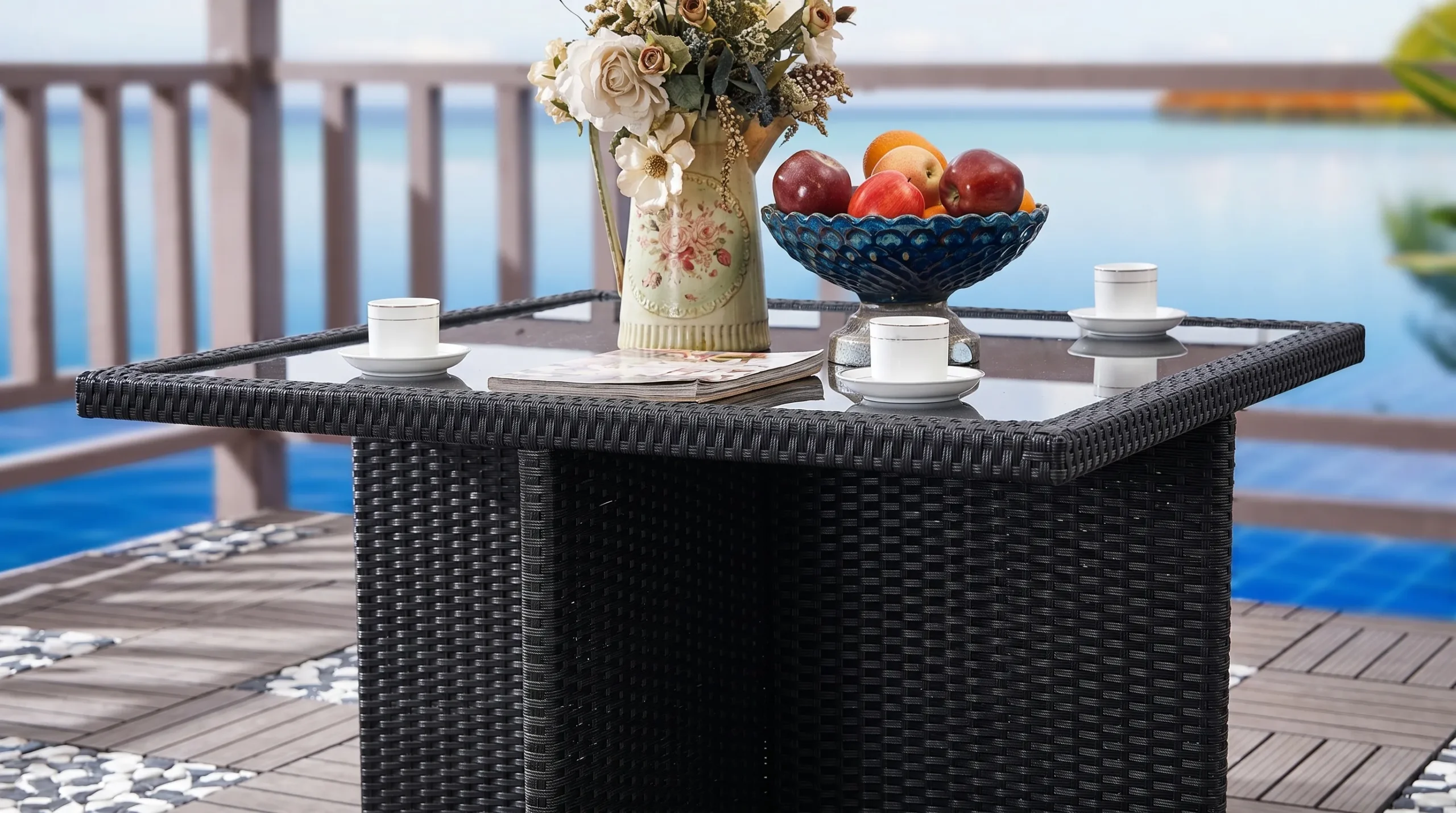 PE Rattan Outdoor Dining Set with 4 Chairs & Glass-Top Table for Patio, Balcony & Café