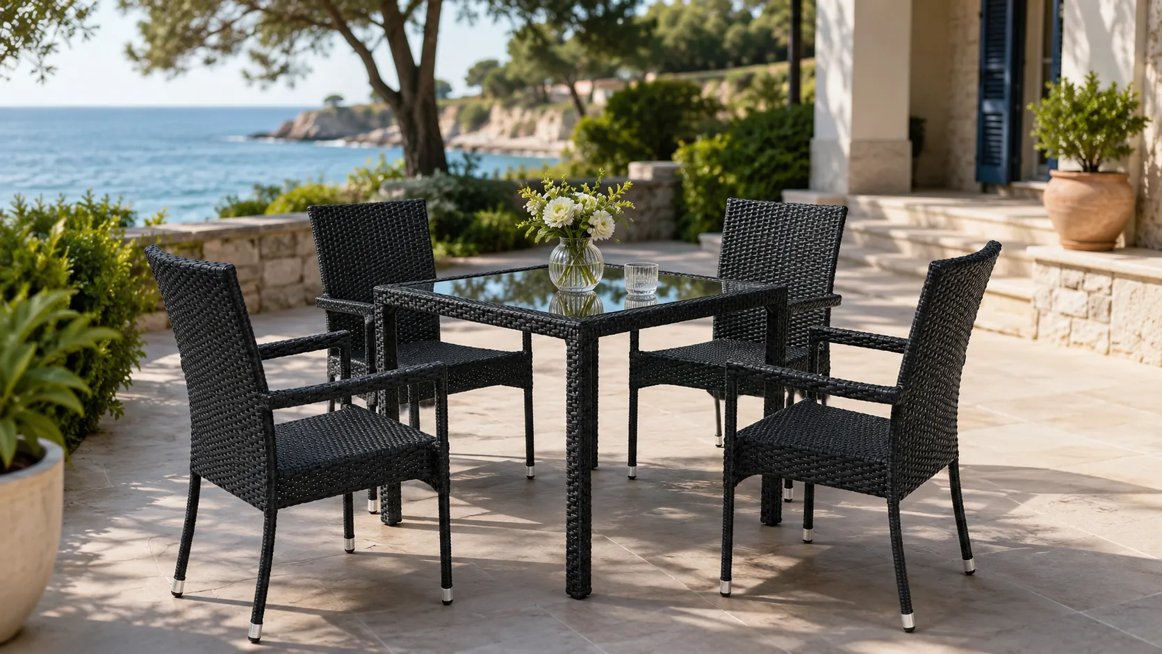 Square rattan dining set layout with 4 armchairs