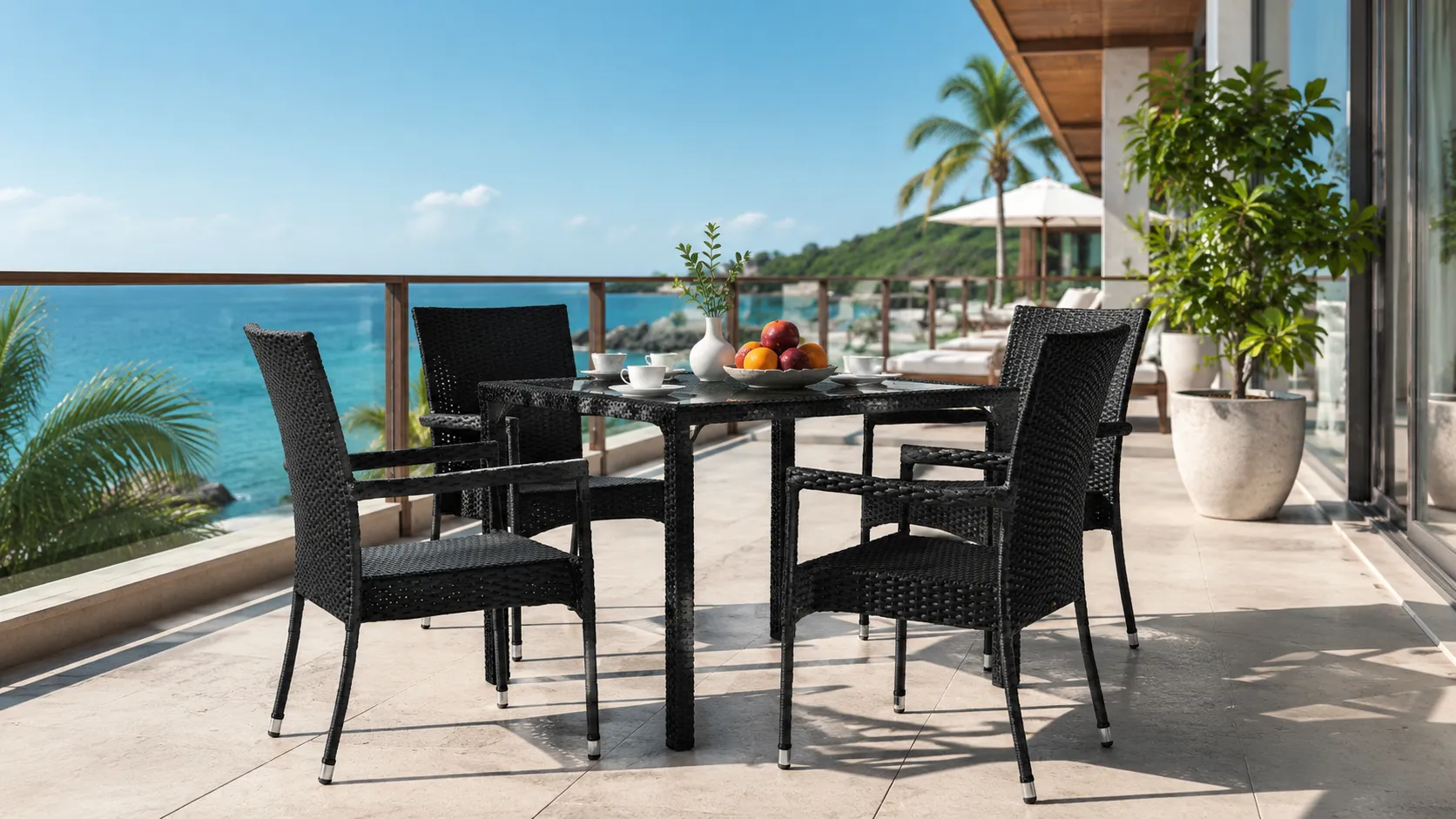 PE Rattan Patio Dining Set with 4 Armchairs & Square Glass Table for Hotel Outdoor Dining