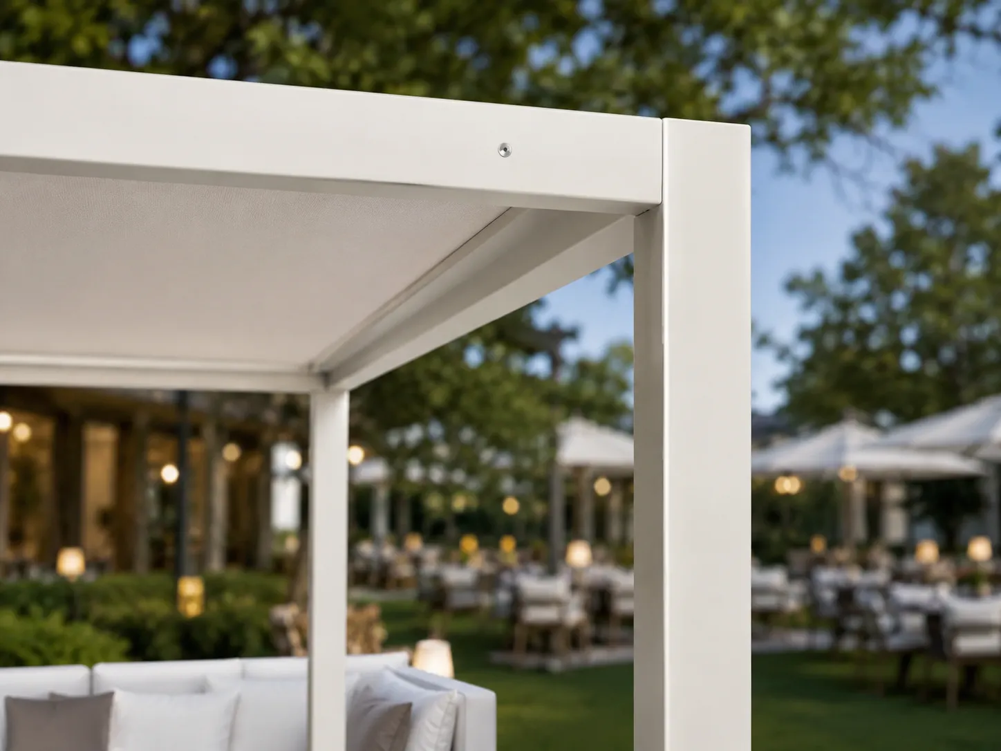 Aluminum frame detail of outdoor cabana daybed