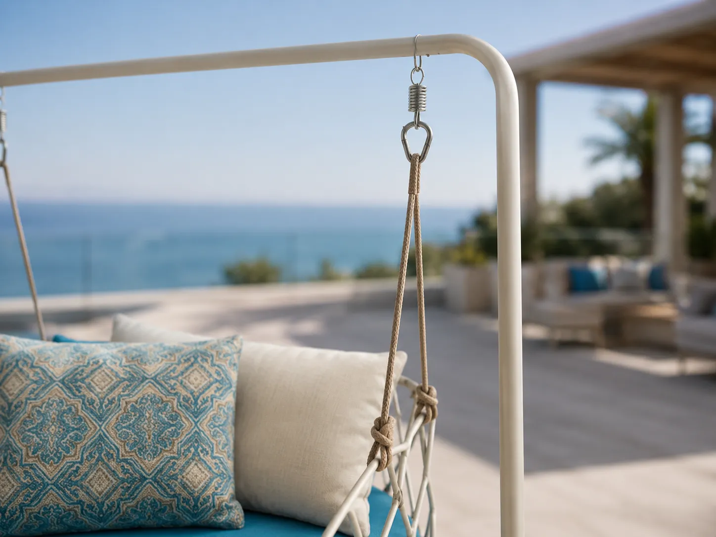 Stainless steel frame detail of outdoor hanging swing chair