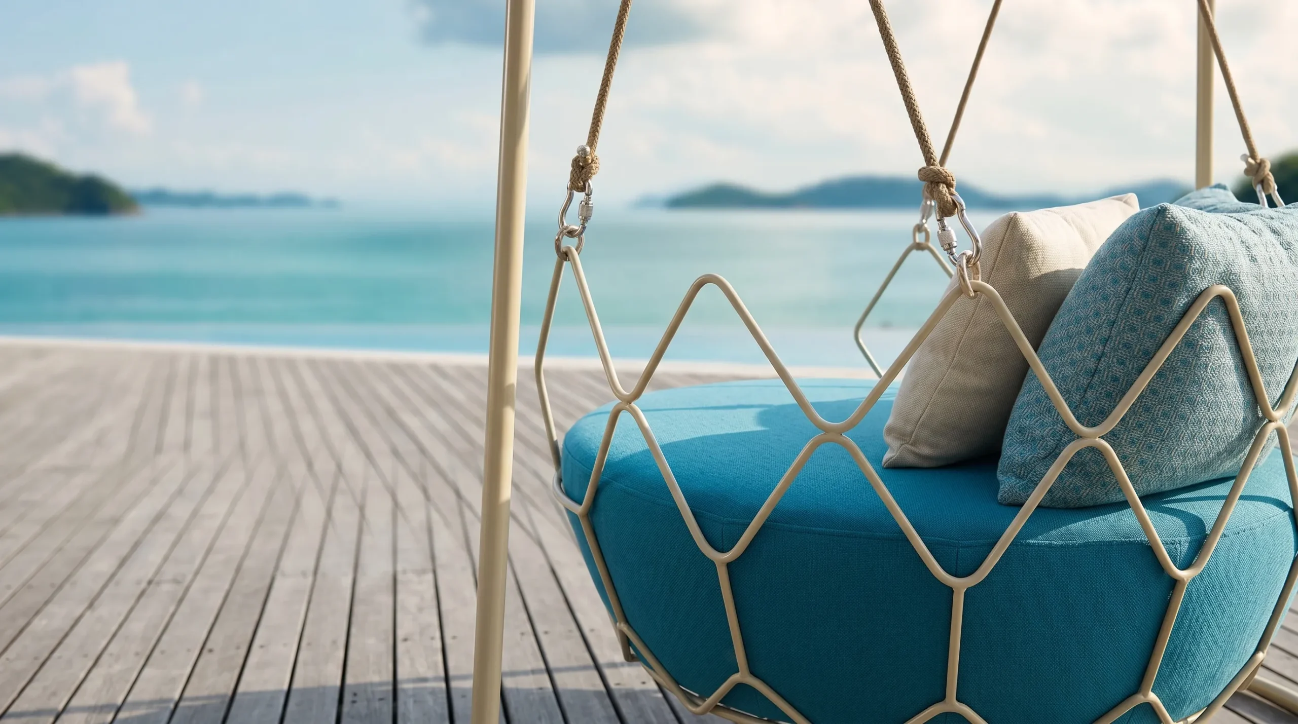 Stainless Steel Outdoor Hanging Swing Chair with Blue Cushion