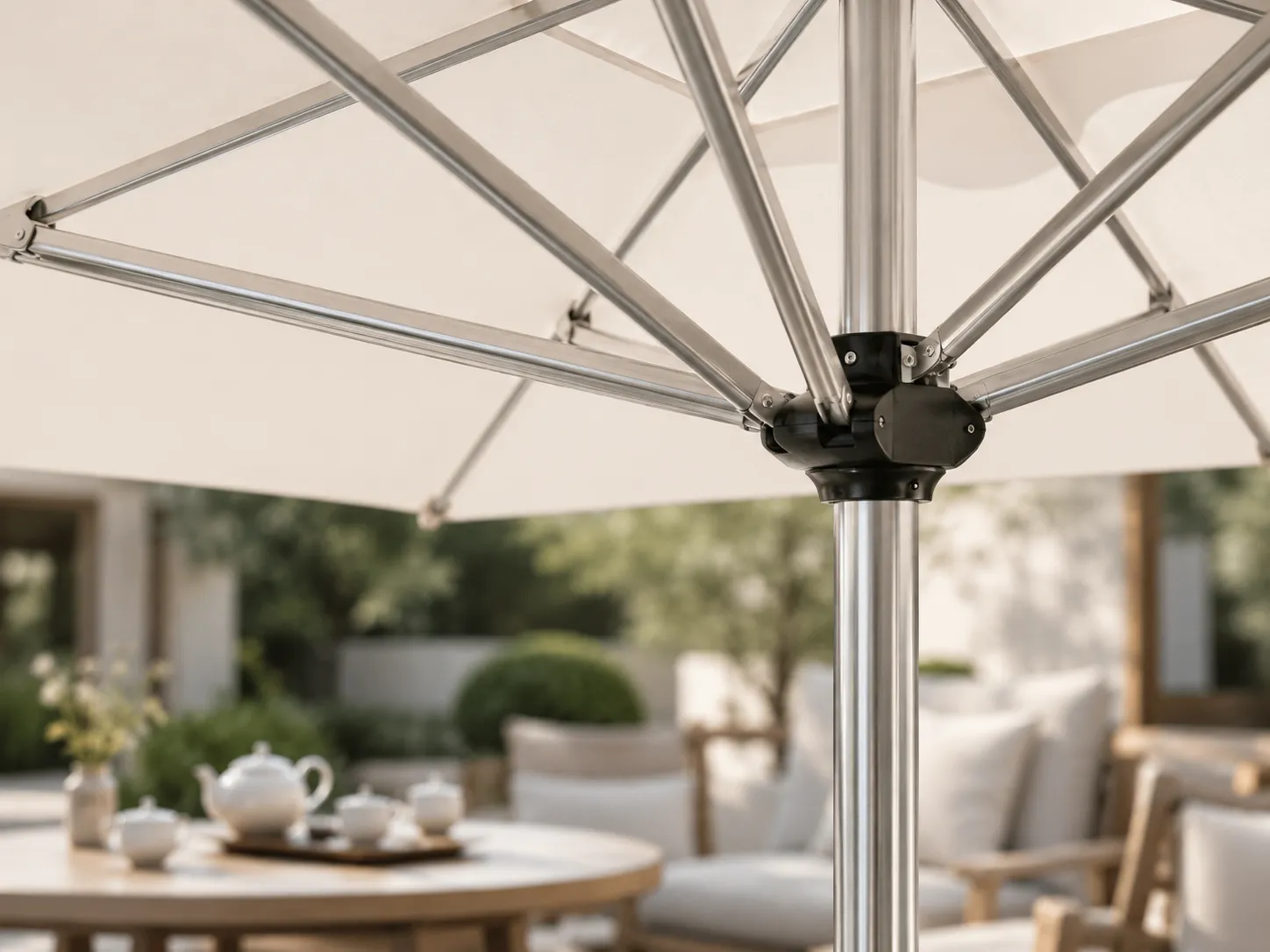 Stainless steel frame detail of outdoor market umbrella