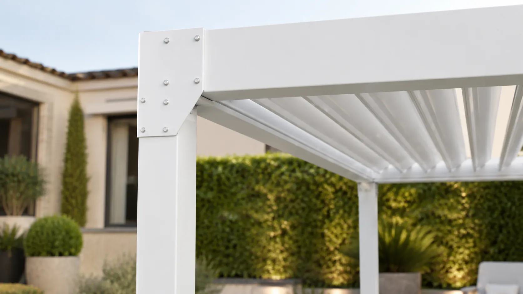 Aluminum frame detail of outdoor moonlight pergola