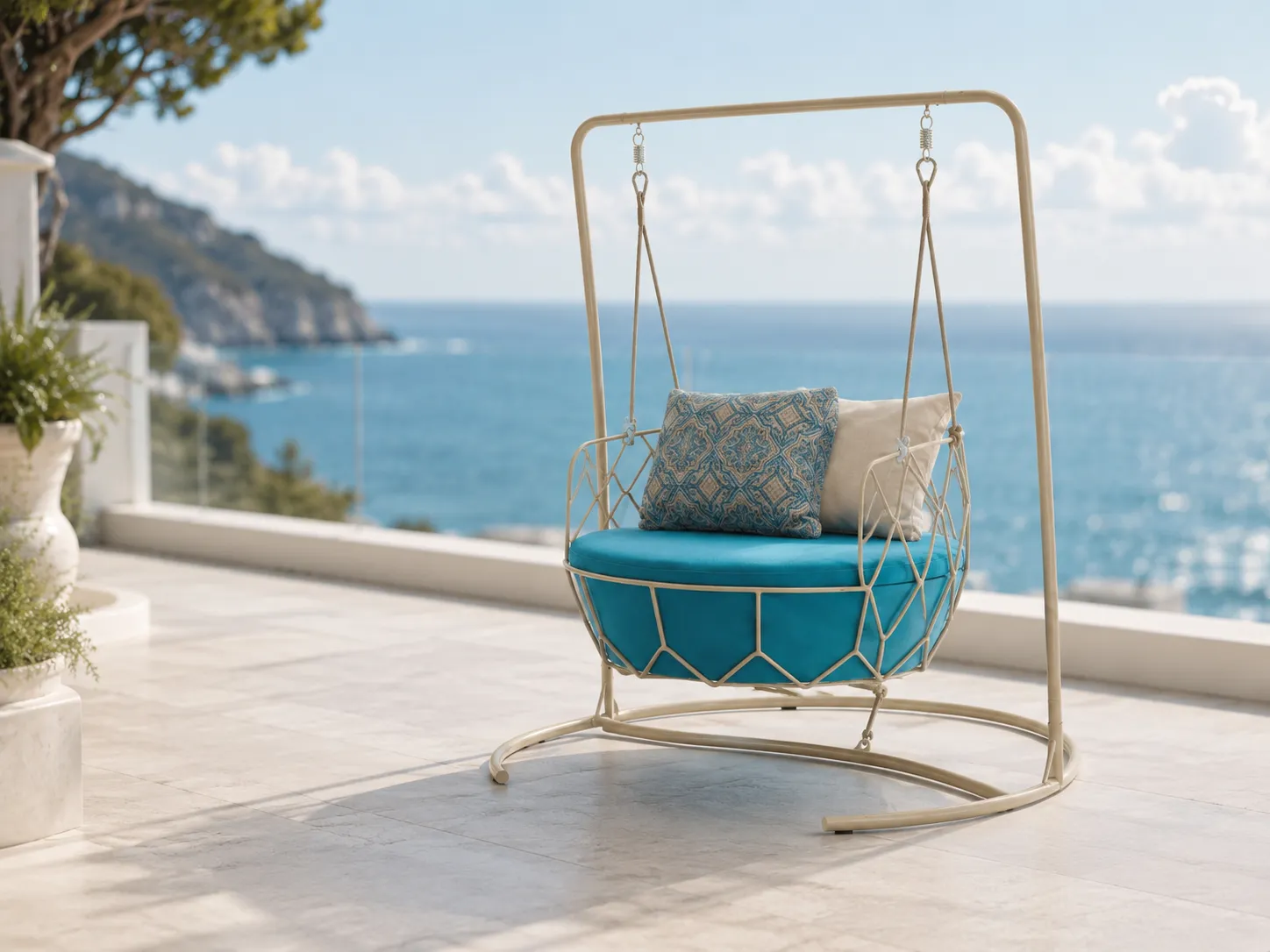 Side view of stainless steel outdoor hanging swing chair with suspended seat