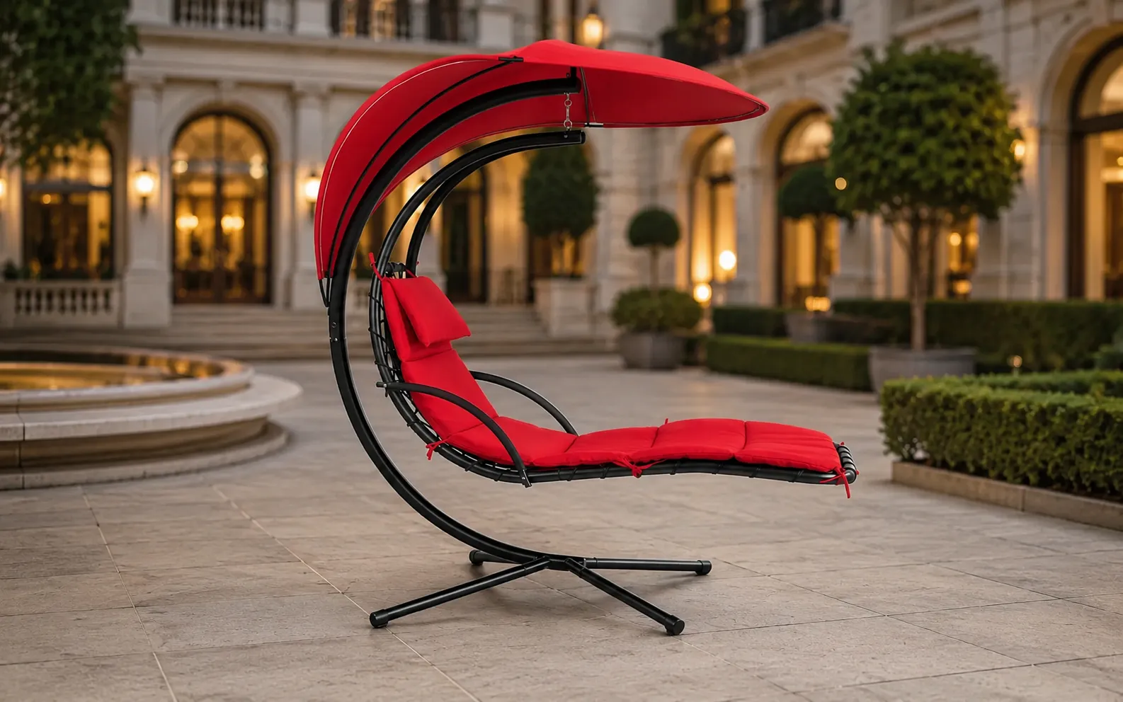 XIMU Furniture stainless steel outdoor hanging lounge chair with red canopy