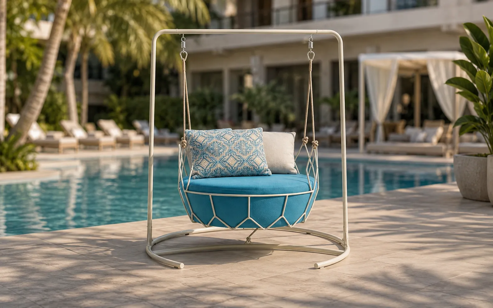 XIMU Furniture stainless steel outdoor hanging swing chair with blue cushion