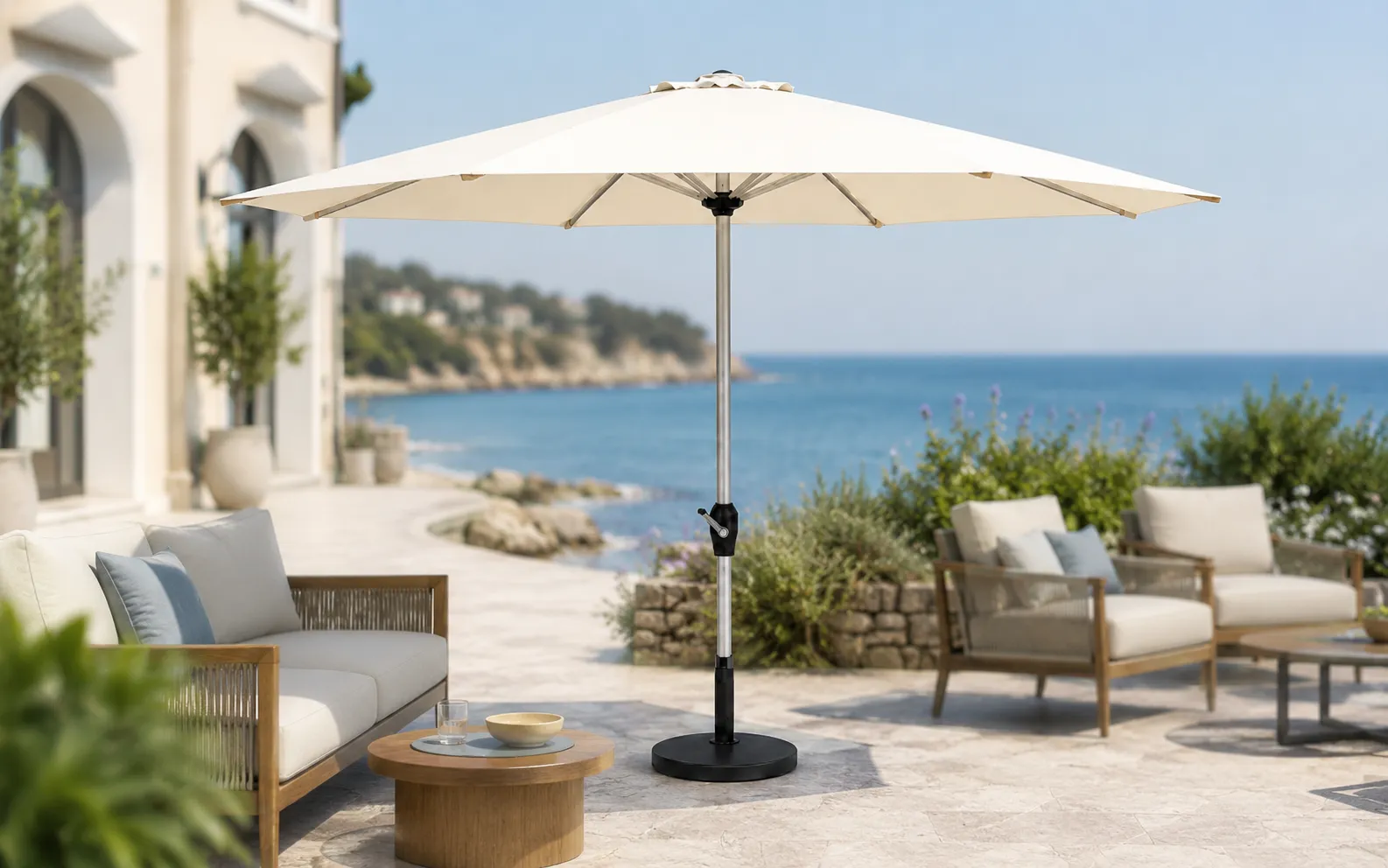 XIMU Furniture stainless steel patio market umbrella with outdoor canopy and base