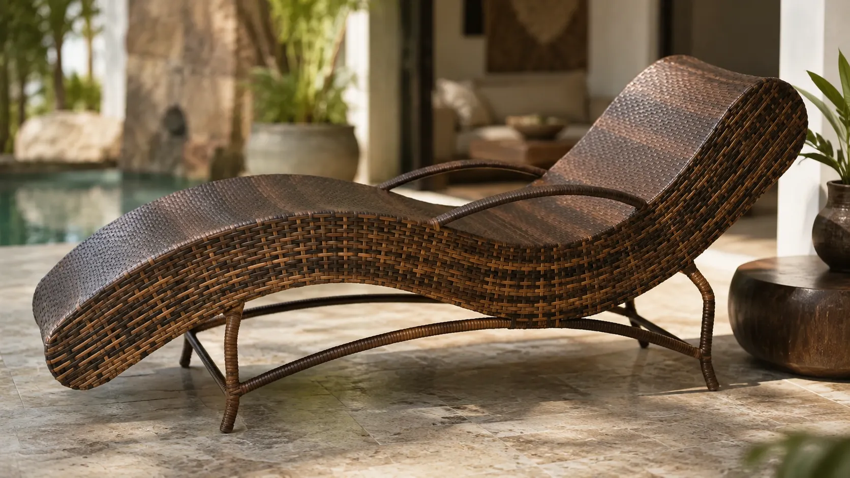 Stainless steel support frame detail of wicker outdoor sun lounger