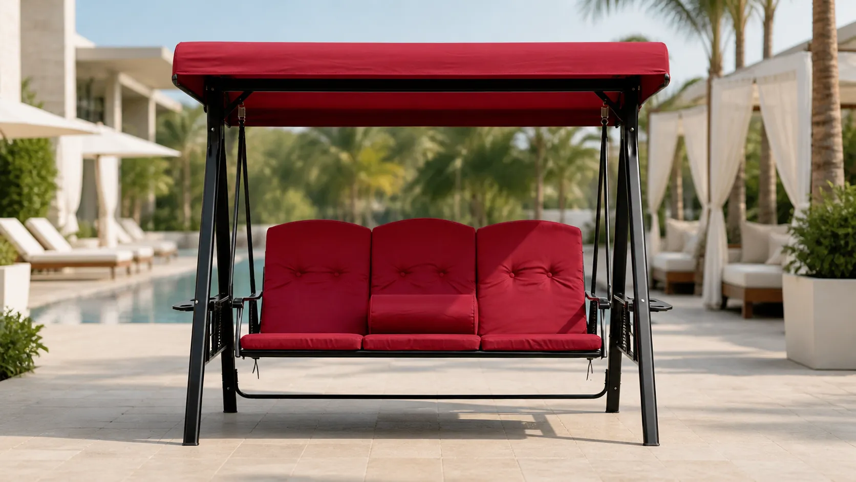 Steel Outdoor Canopy Swing Sofa with Red Cushions